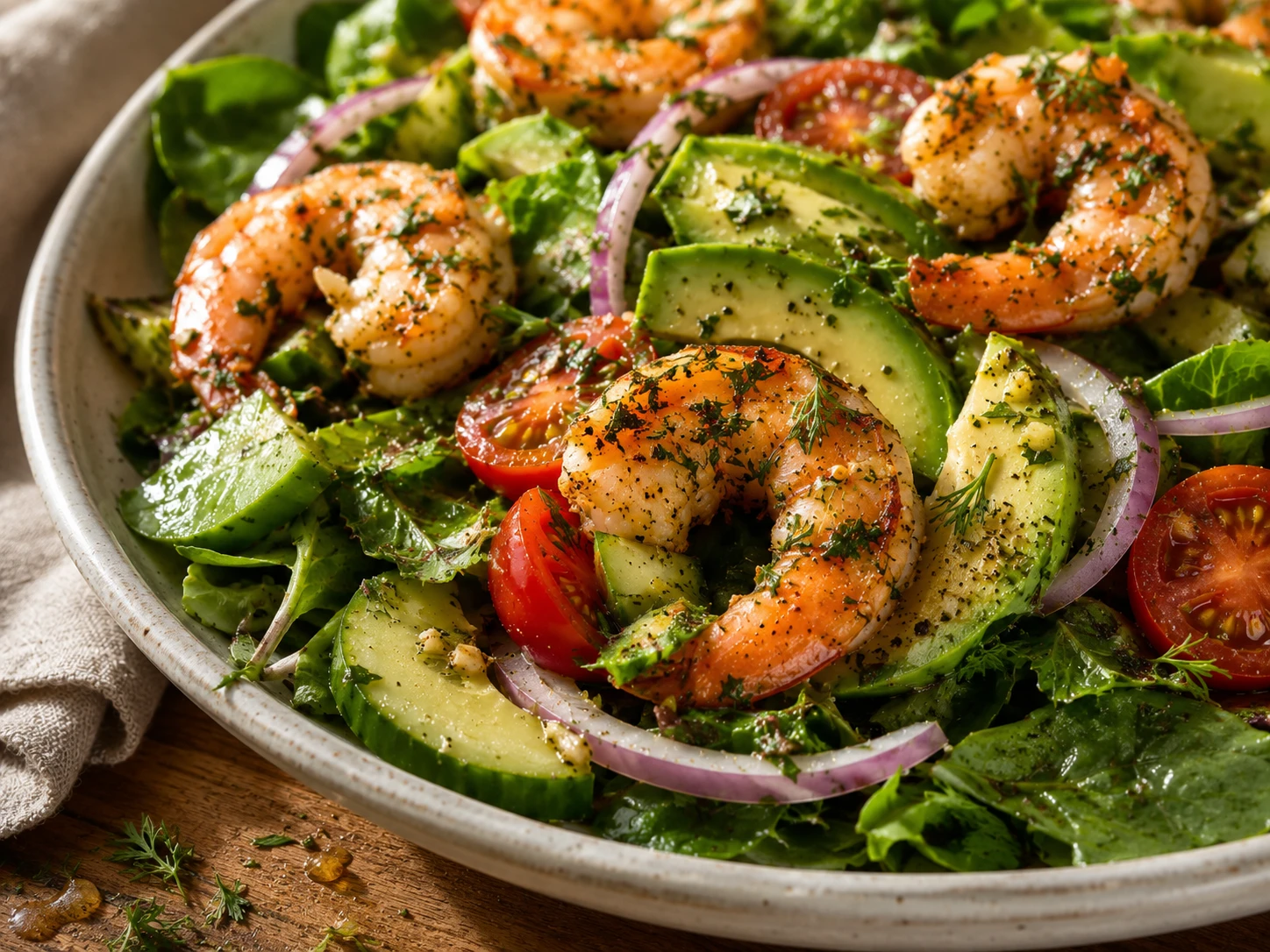 Lemon Herb Shrimp Avocado Salad close up