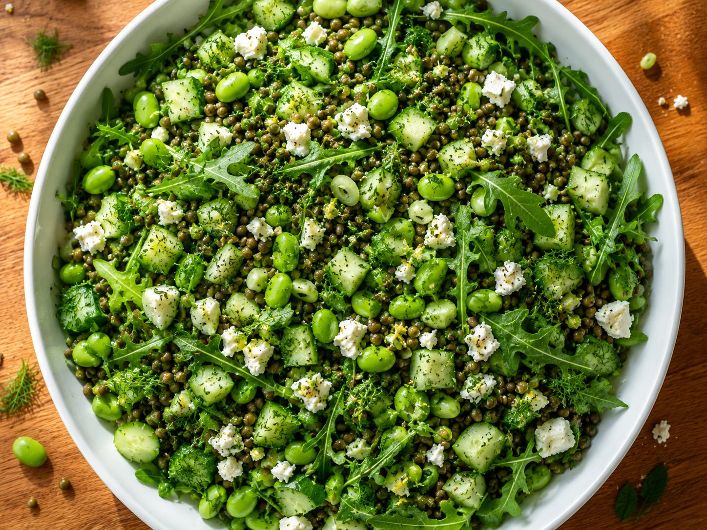 Lemon Lentil Edamame and Feta Salad aerial view