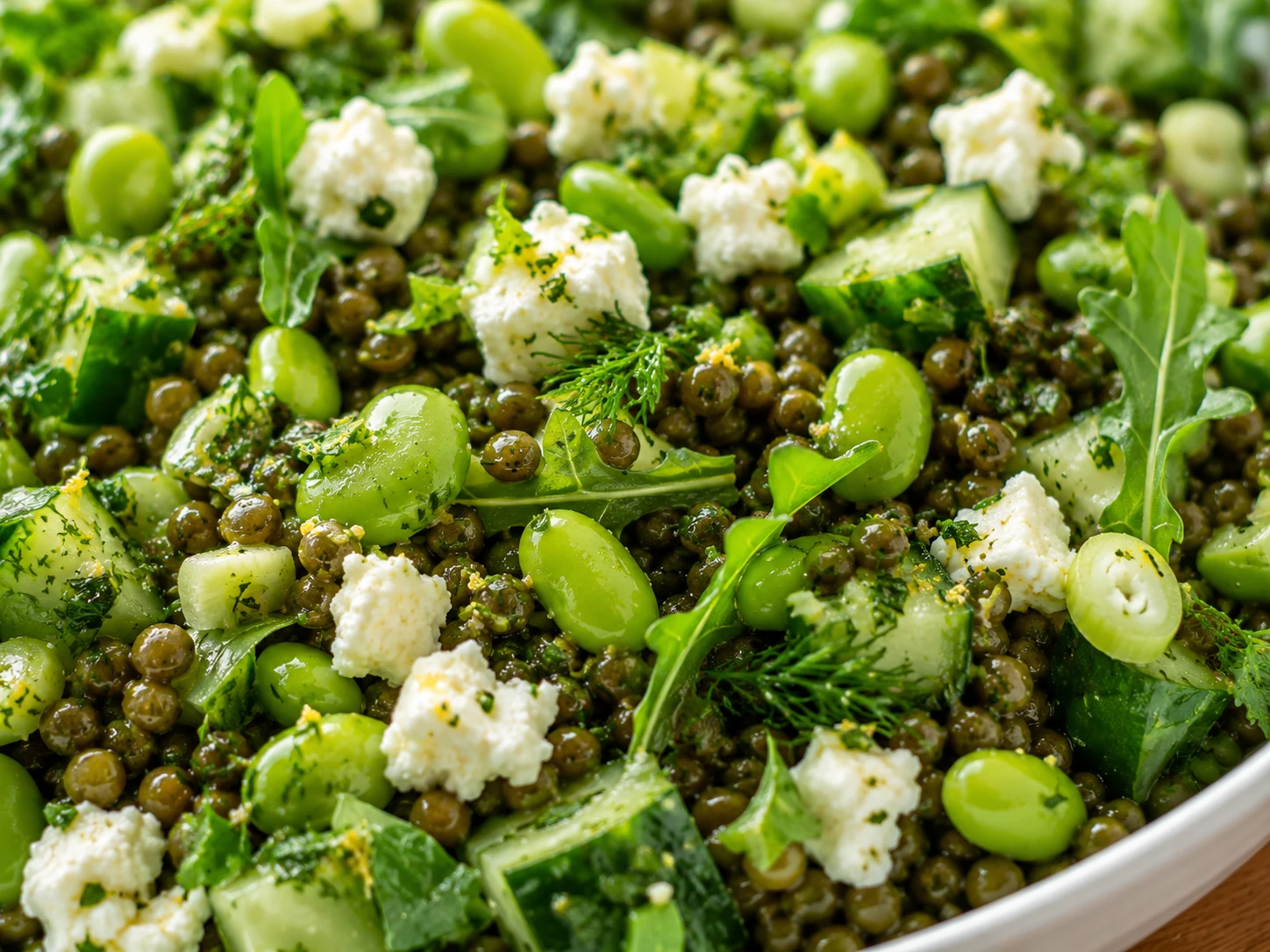 Lemon Lentil Edamame and Feta Salad close up