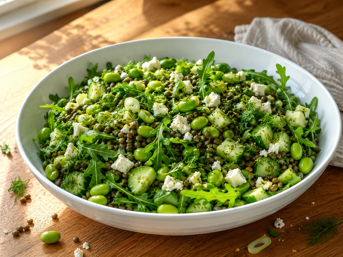 Lemon Lentil Edamame and Feta Salad
