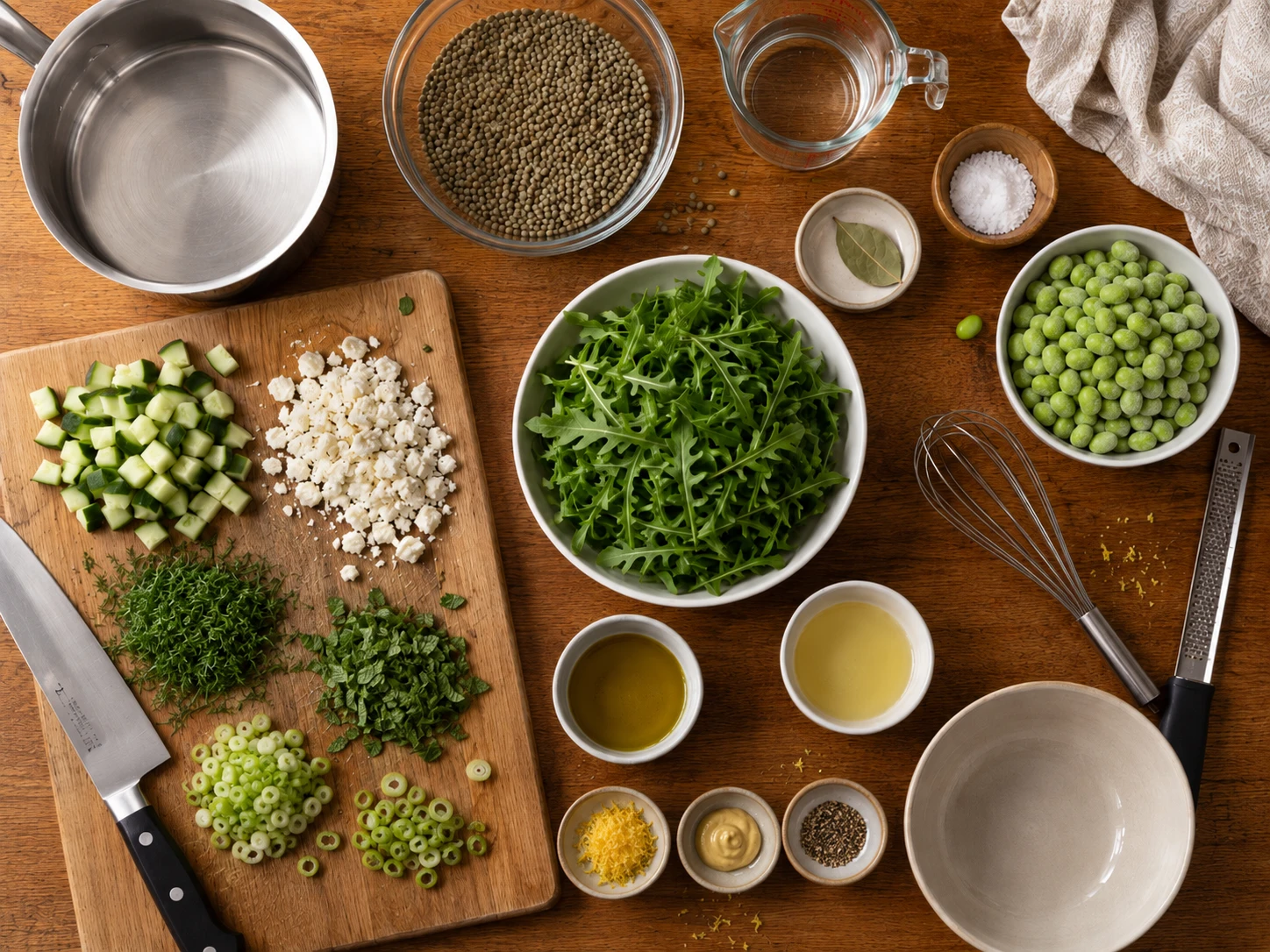 Lemon Lentil Edamame and Feta Salad preparation
