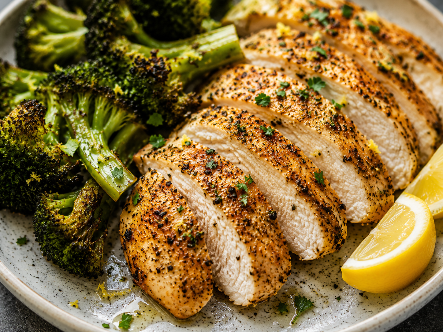 Lemon Pepper Chicken with Roasted Broccoli close up