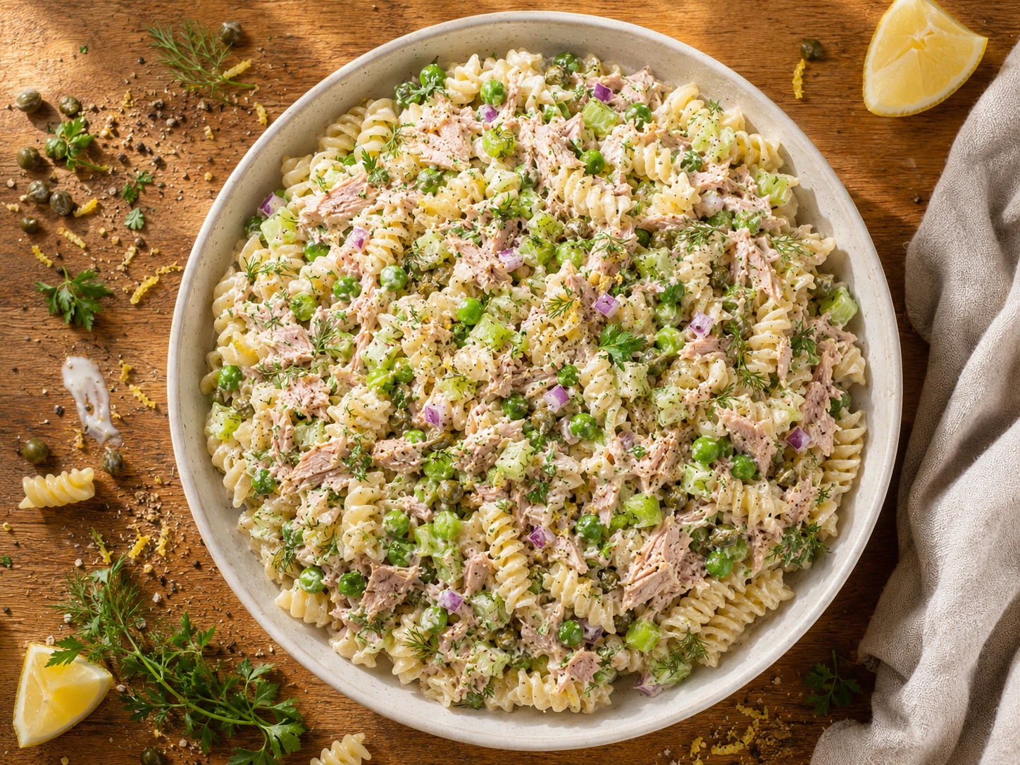 Lemon Pepper Tuna Pasta Salad aerial view