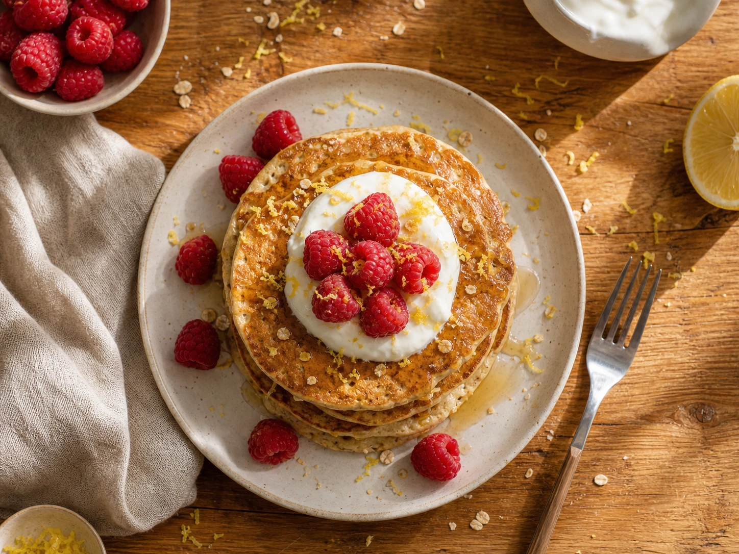 Lemon Raspberry Protein Pancakes aerial view