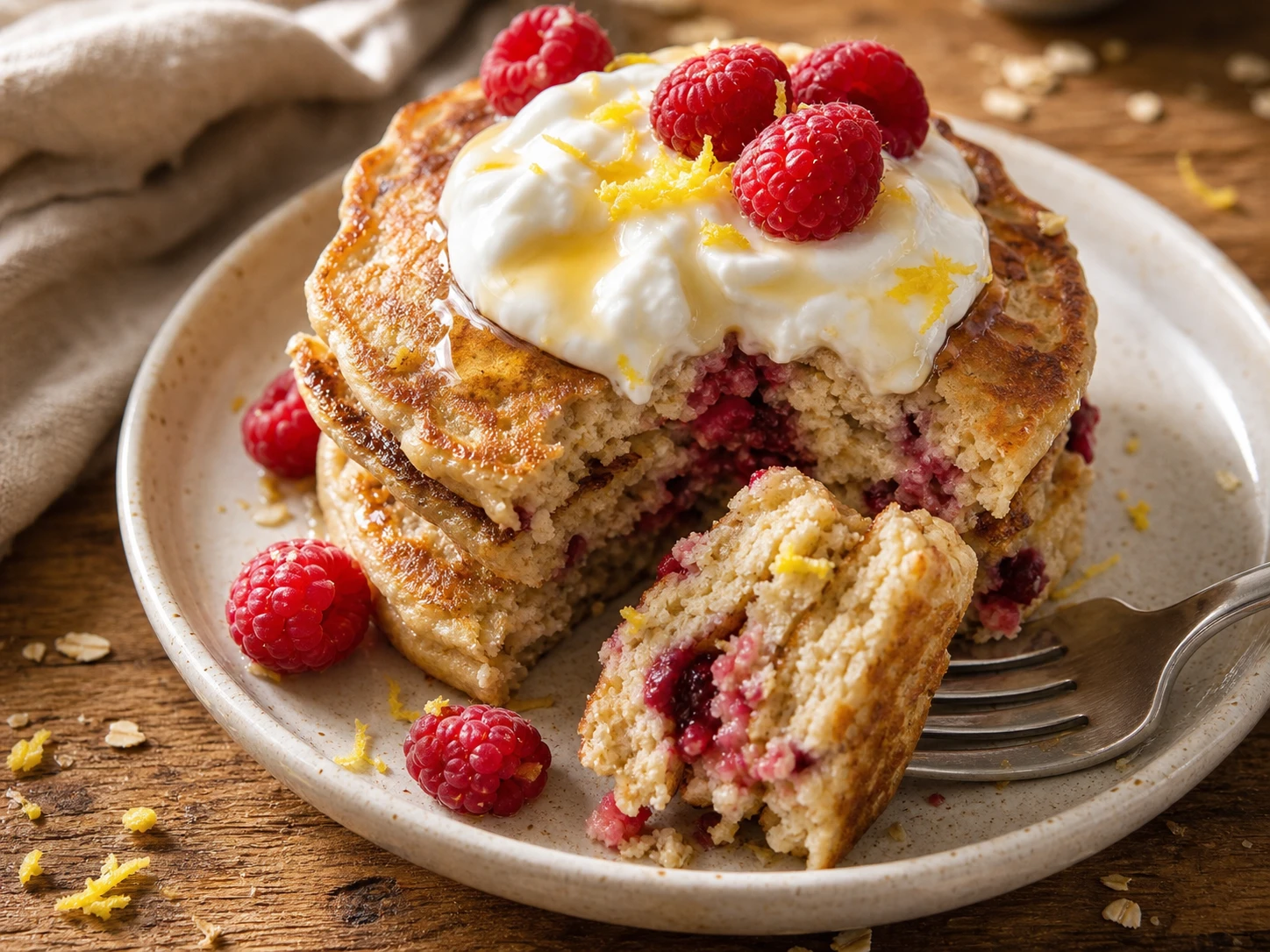 Lemon Raspberry Protein Pancakes close up