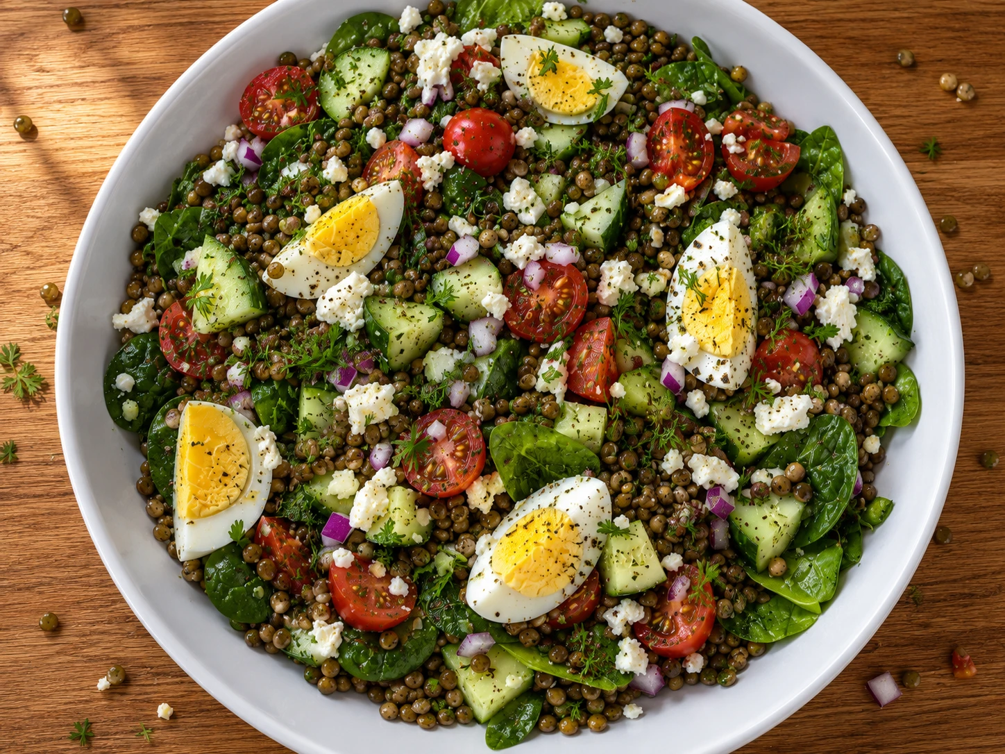 Lentil Egg and Feta Protein Salad aerial view