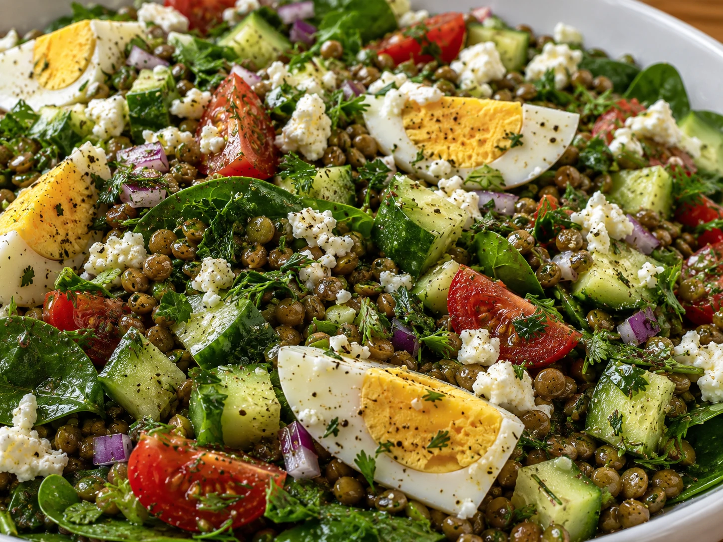 Lentil Egg and Feta Protein Salad close up