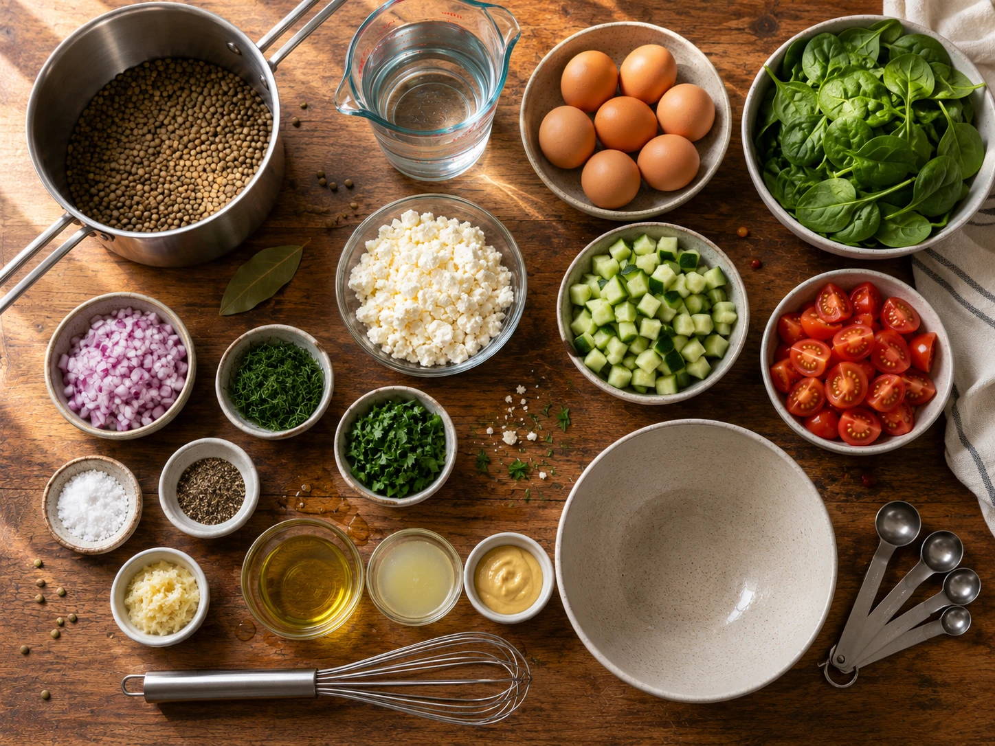 Lentil Egg and Feta Protein Salad preparation