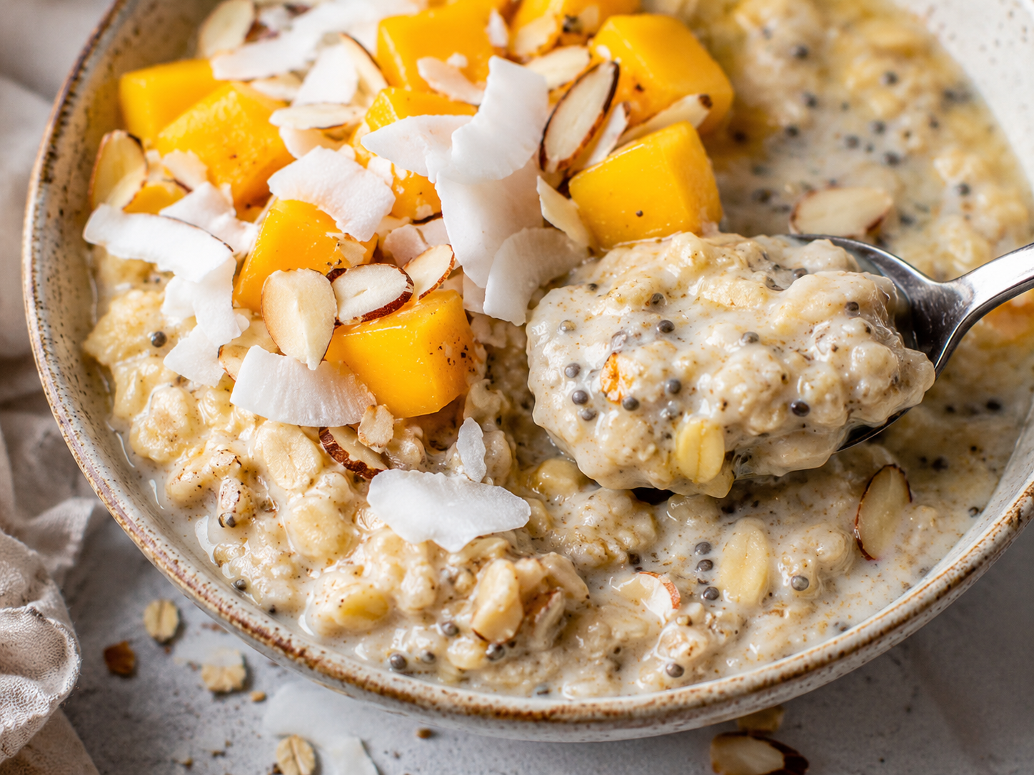 Mango Coconut Chia Oat Bowl close up