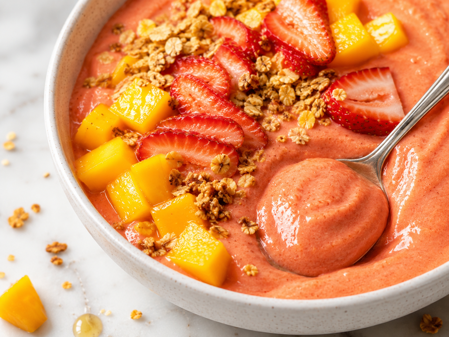 Mango Strawberry Protein Smoothie Bowl close up