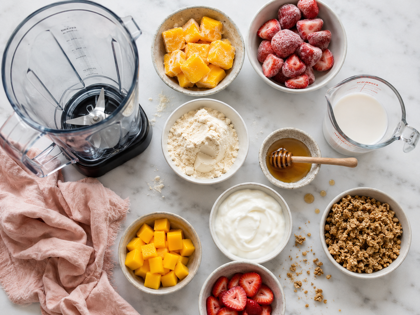 Mango Strawberry Protein Smoothie Bowl preparation