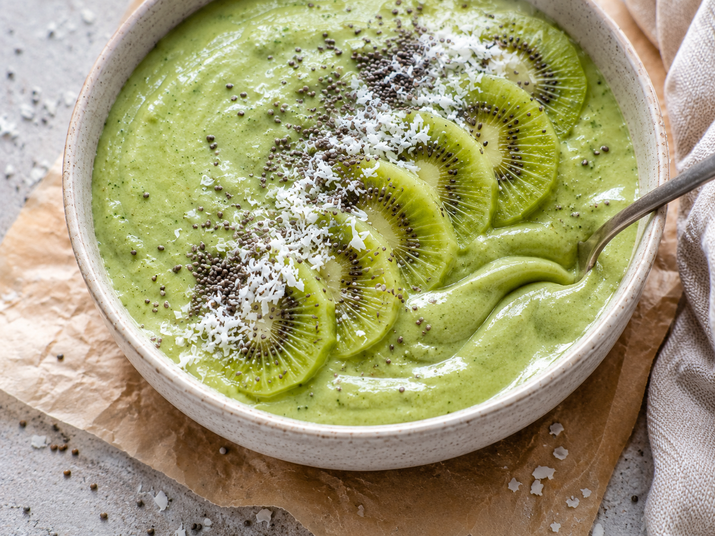 Matcha Green Protein Smoothie Bowl close up
