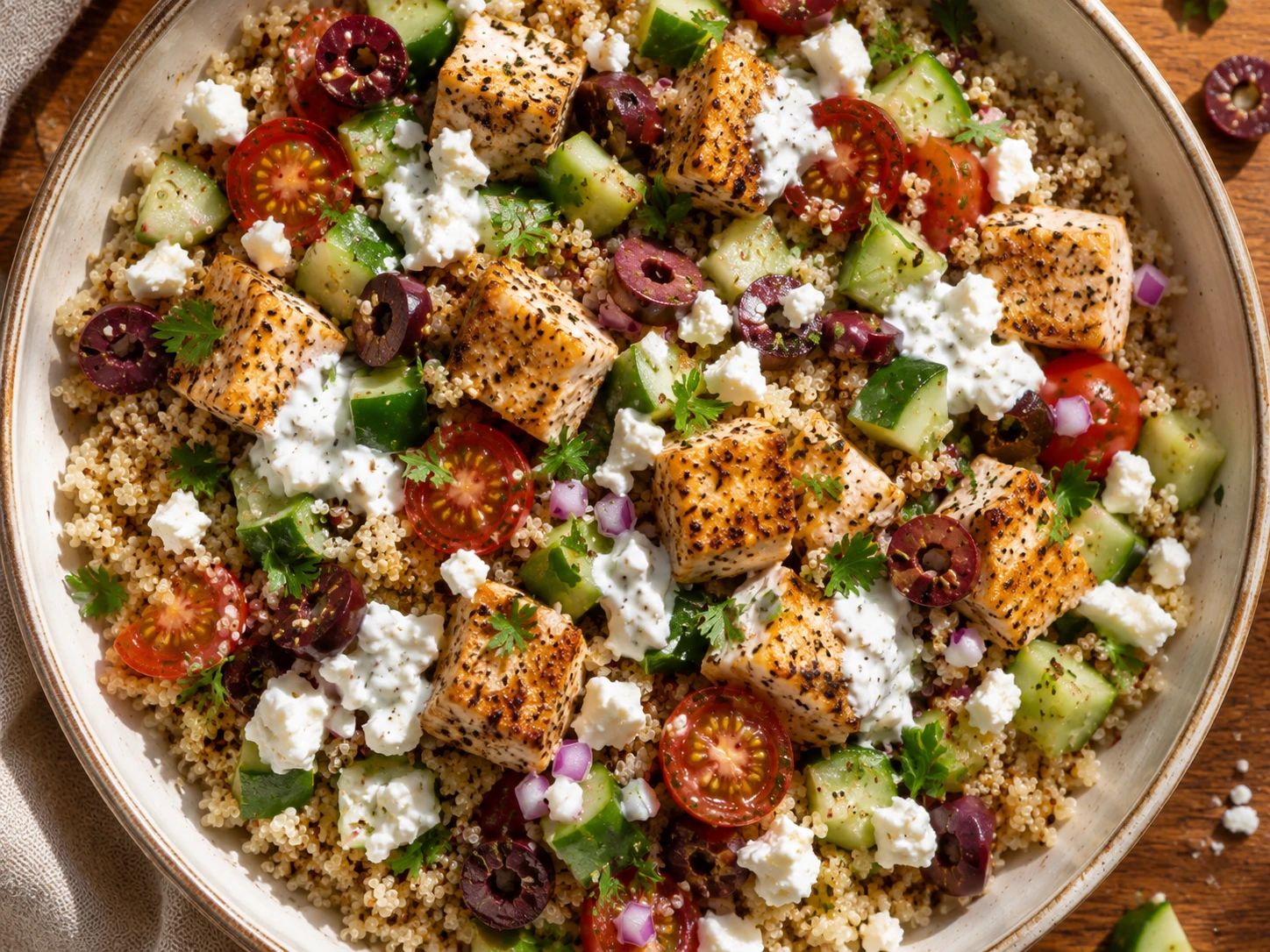 Mediterranean Chicken Quinoa Bowls aerial view