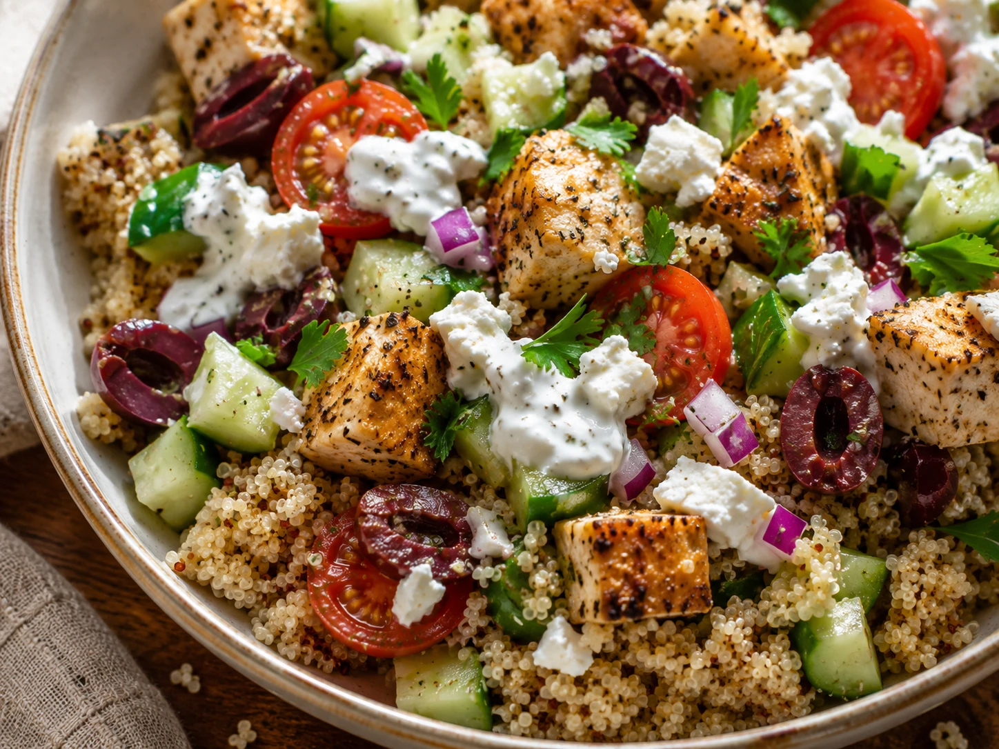 Mediterranean Chicken Quinoa Bowls close up