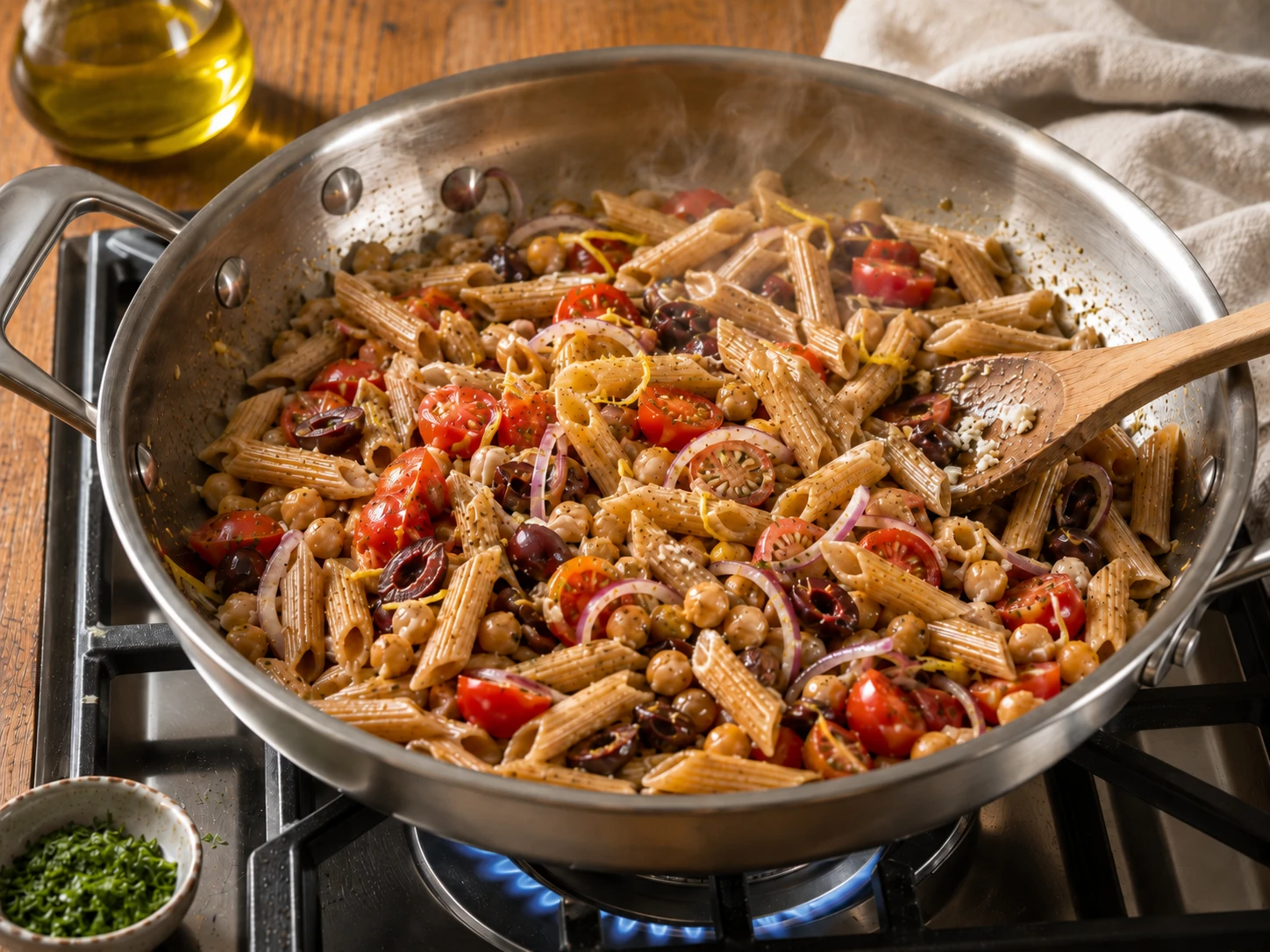 Mediterranean Chickpea Pasta preparation