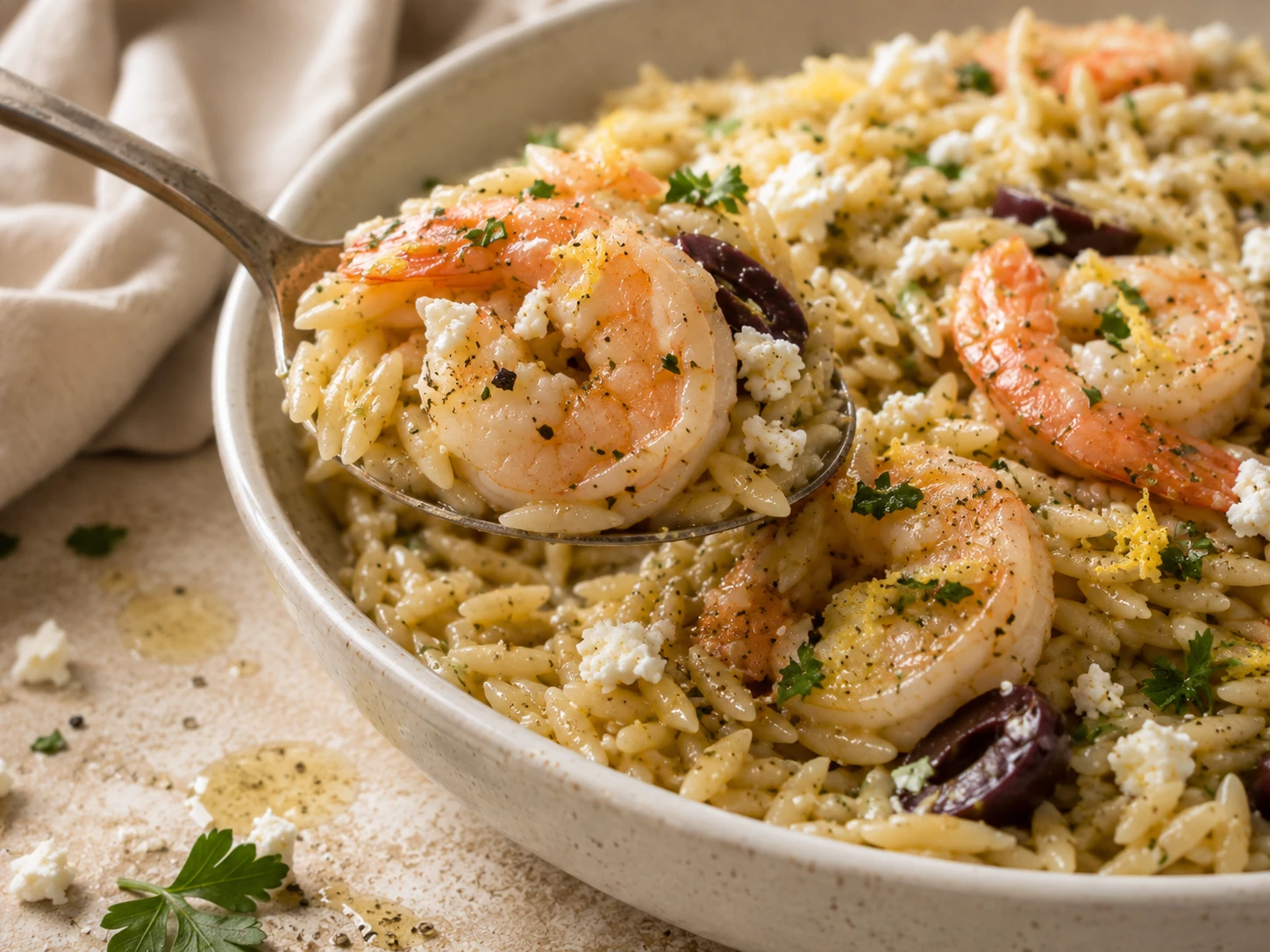 Mediterranean Garlic Shrimp Orzo close up