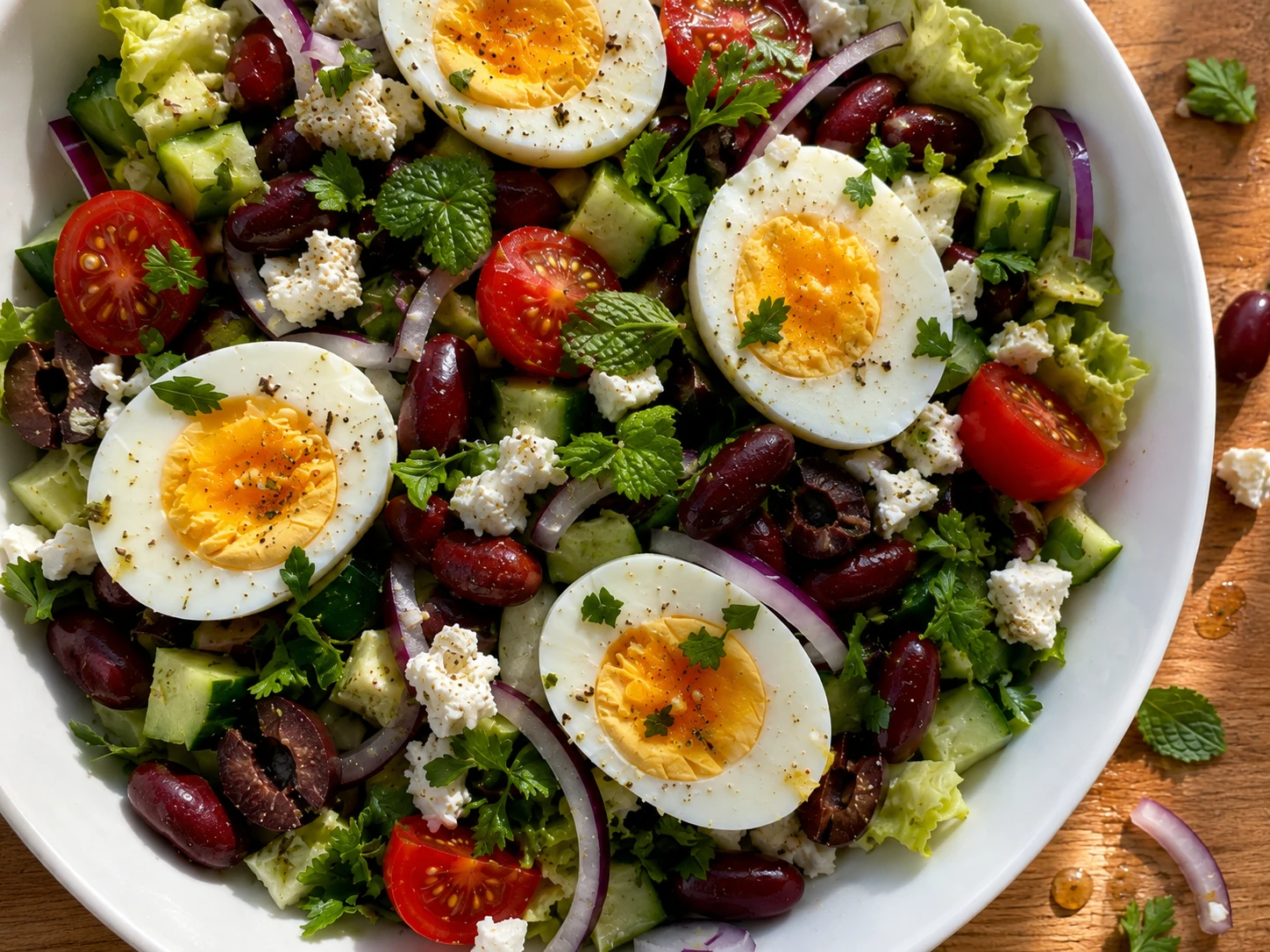 Mediterranean Kidney Bean Egg and Feta Salad aerial view