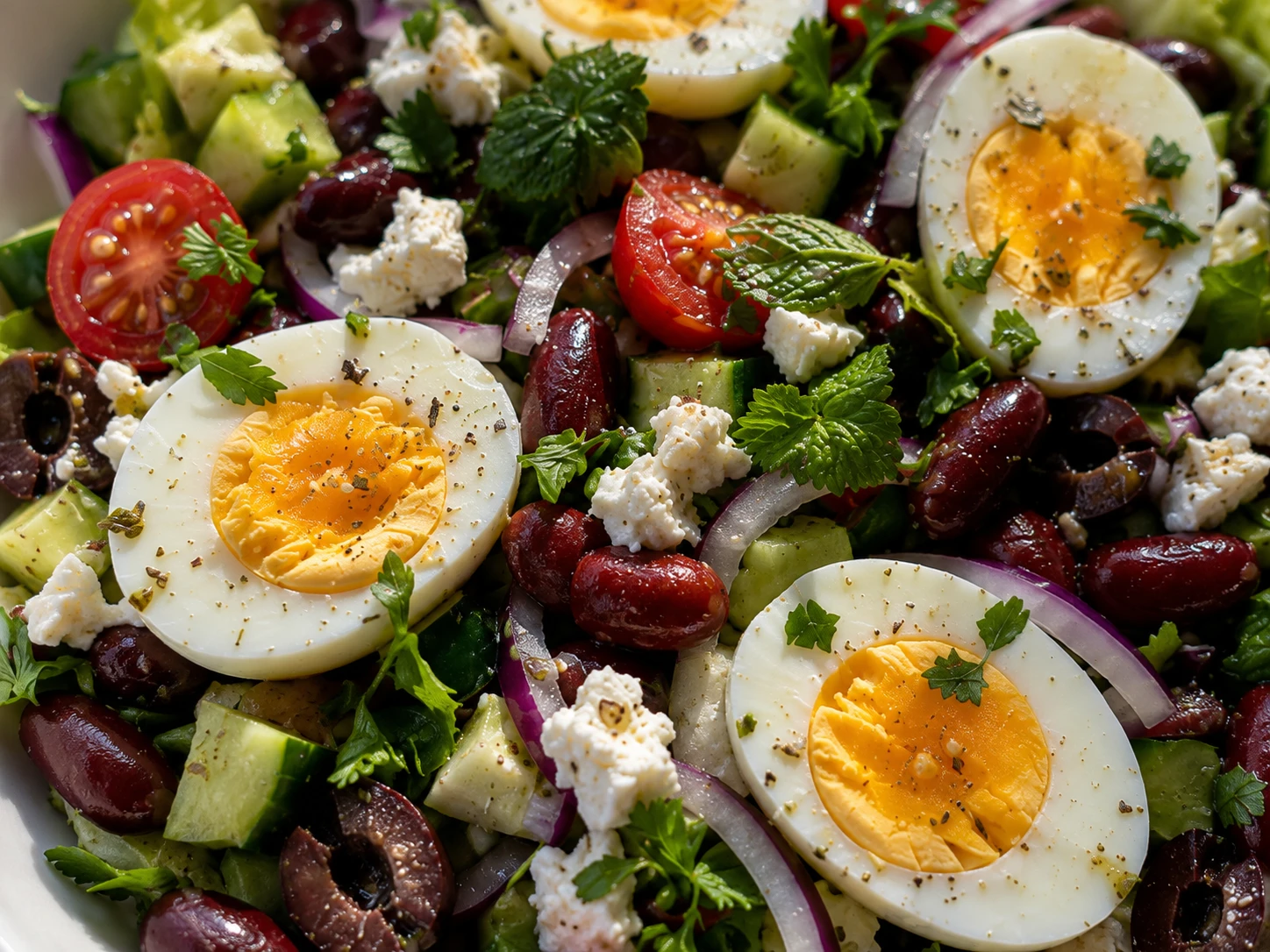 Mediterranean Kidney Bean Egg and Feta Salad close up
