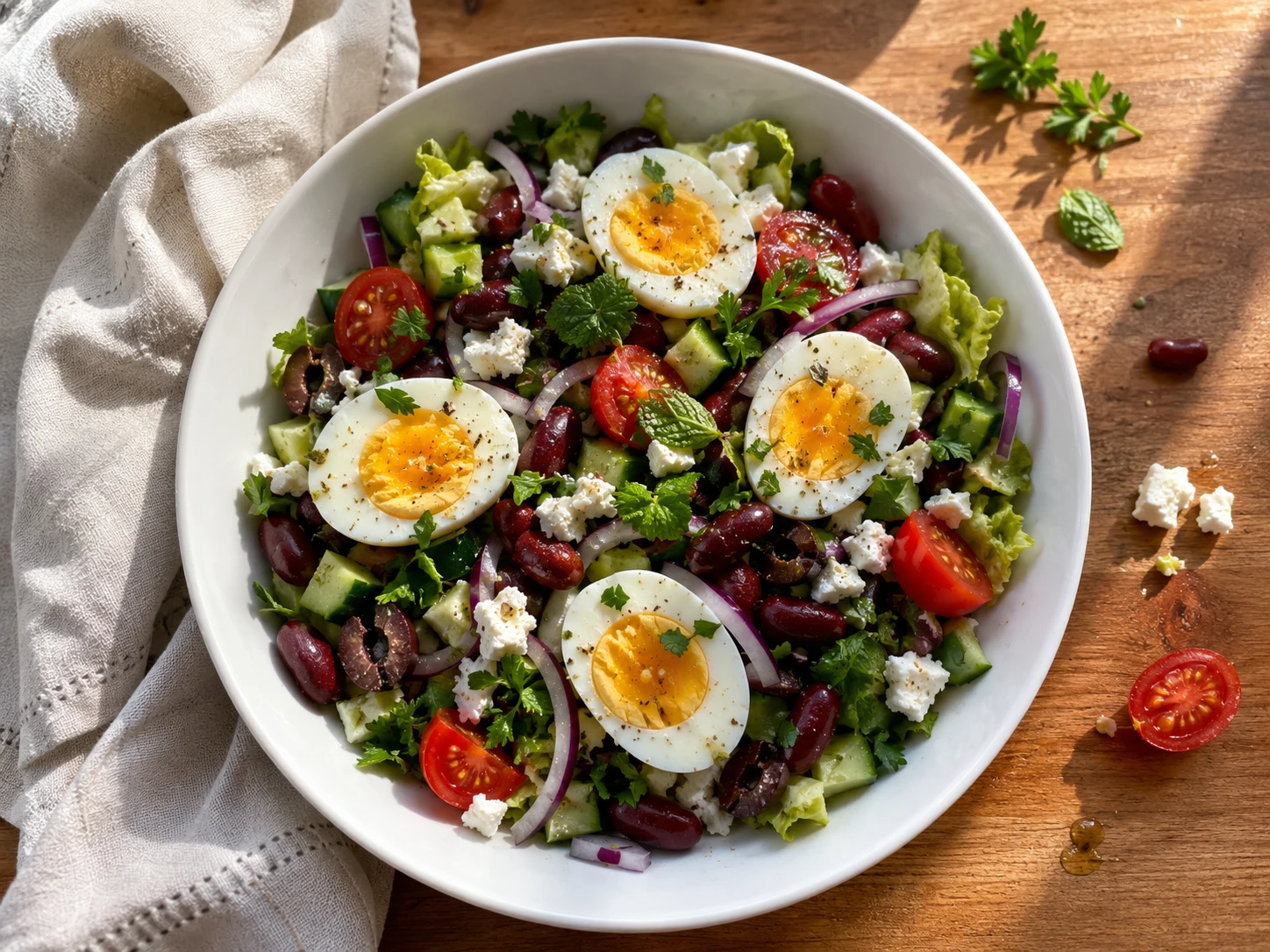 Mediterranean Kidney Bean Egg and Feta Salad