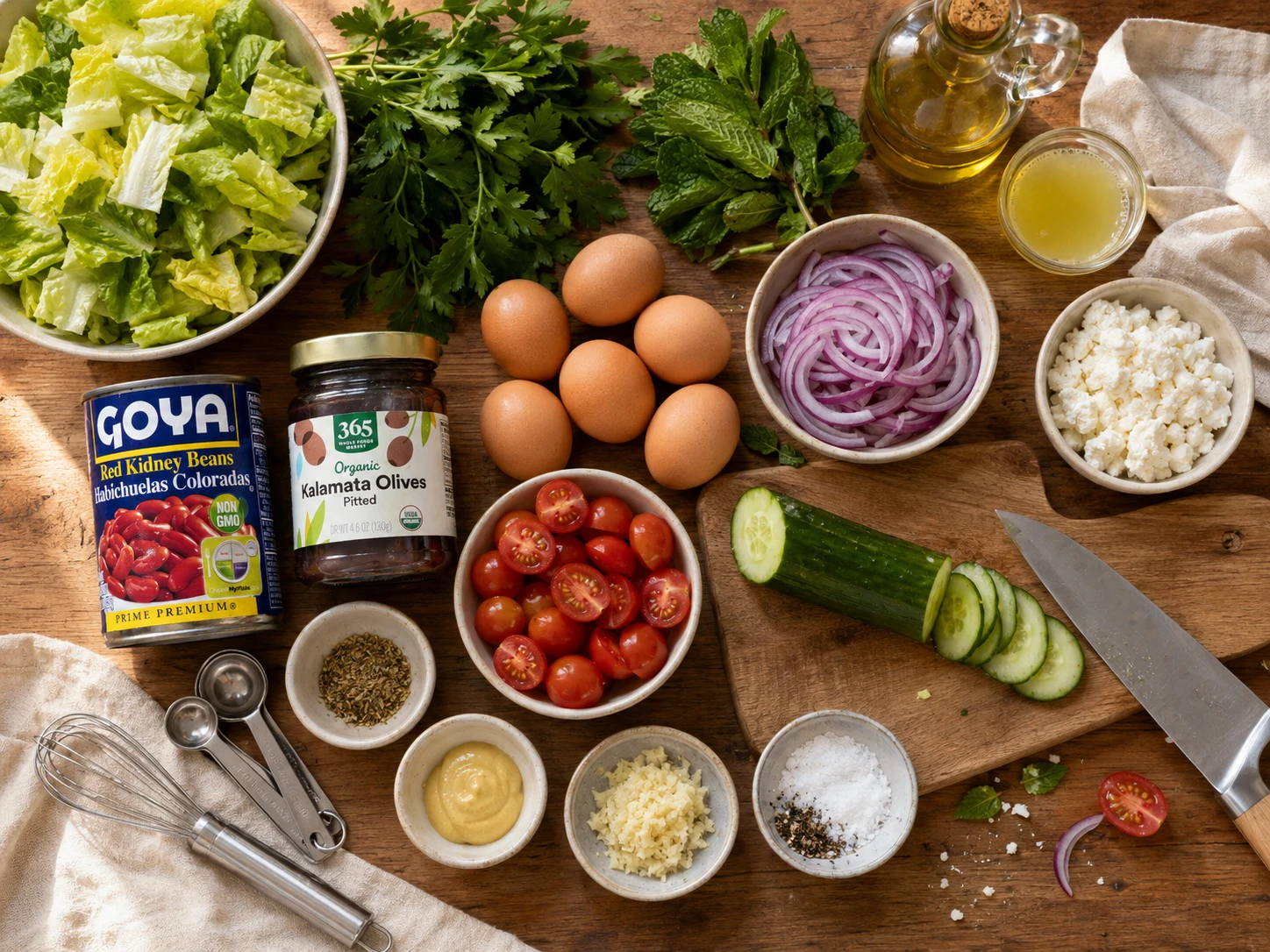 Mediterranean Kidney Bean Egg and Feta Salad preparation
