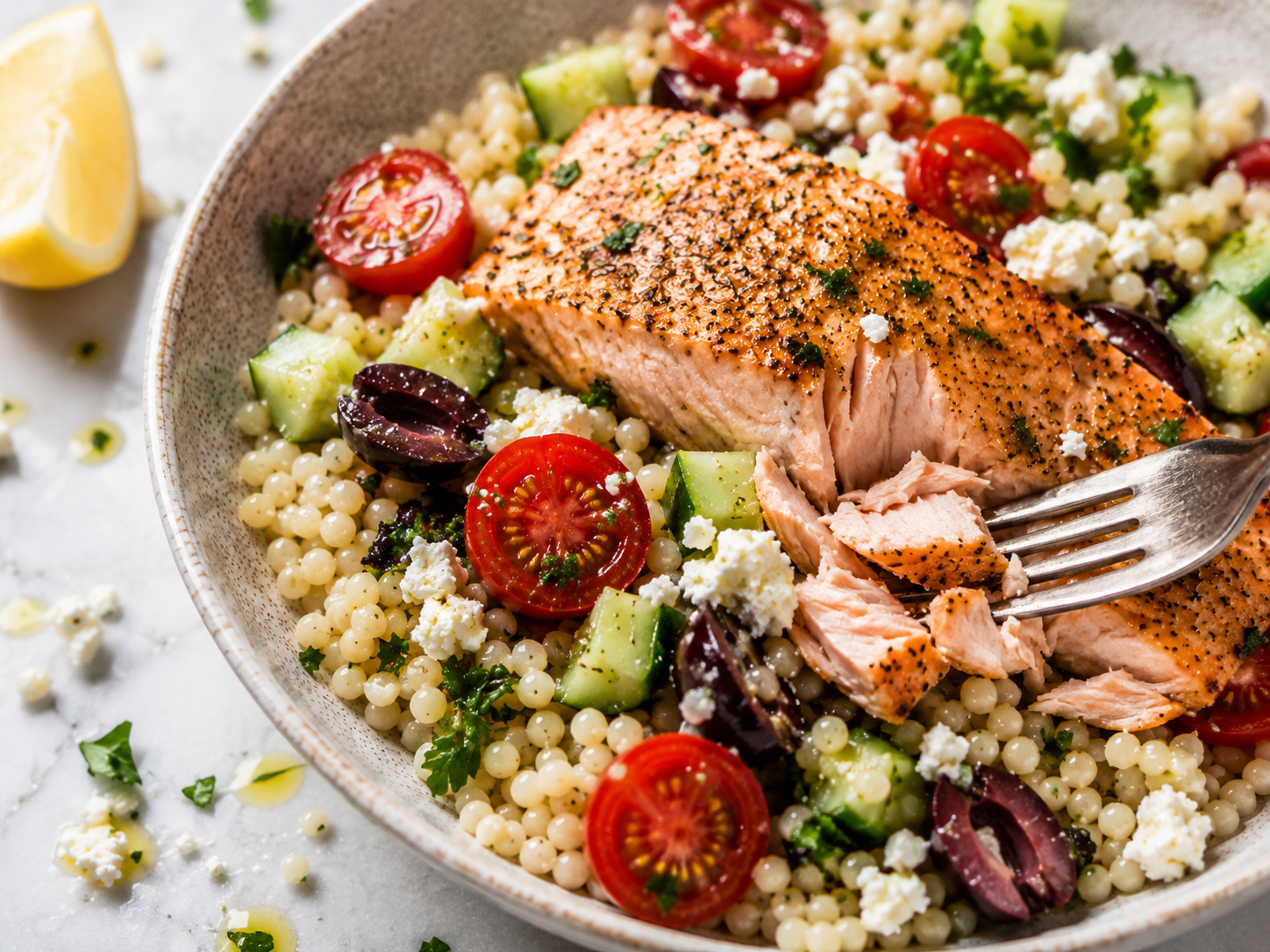 Mediterranean Salmon Couscous Bowls close up