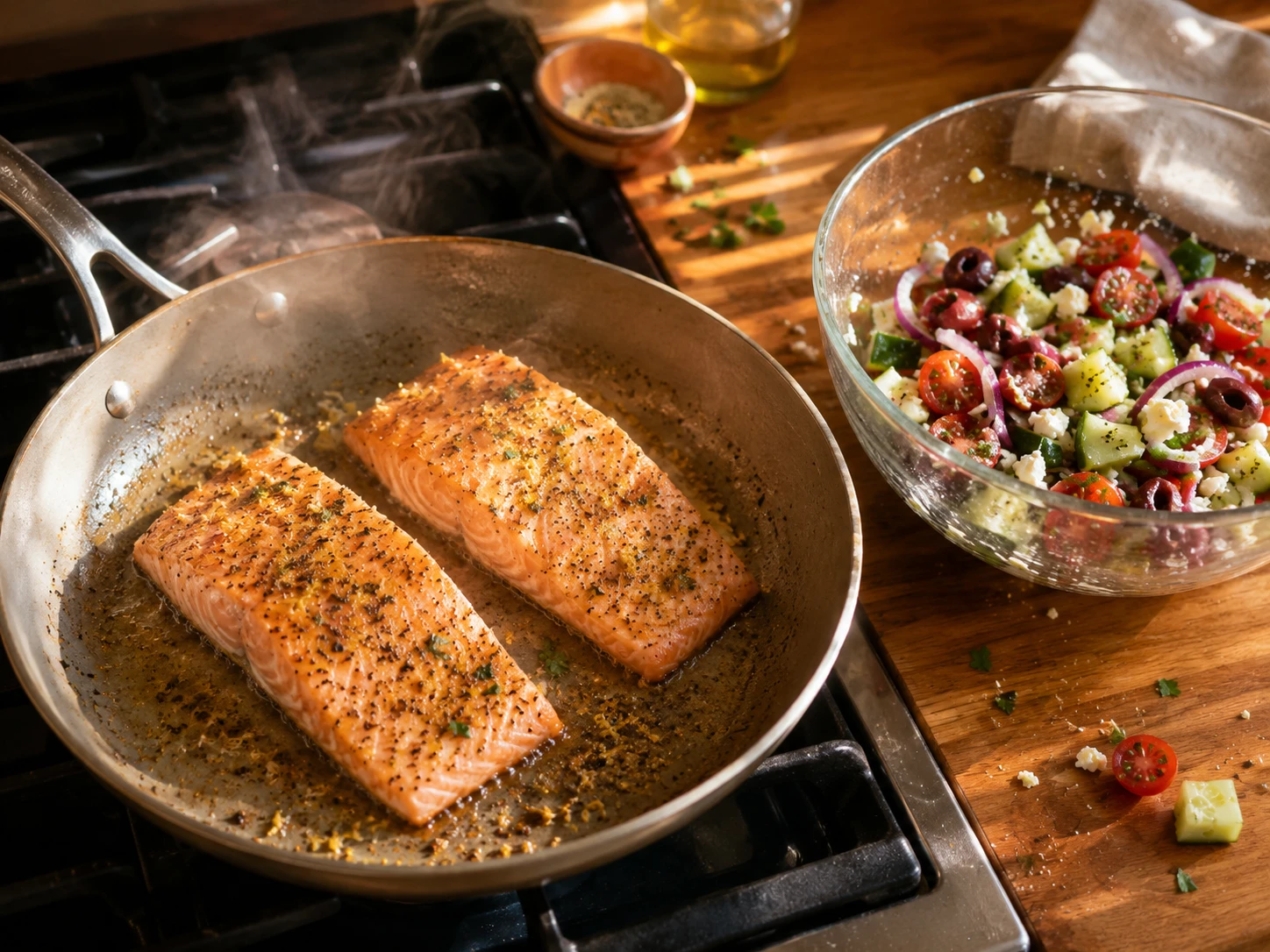 Mediterranean Salmon with Cucumber Tomato Salad aerial view