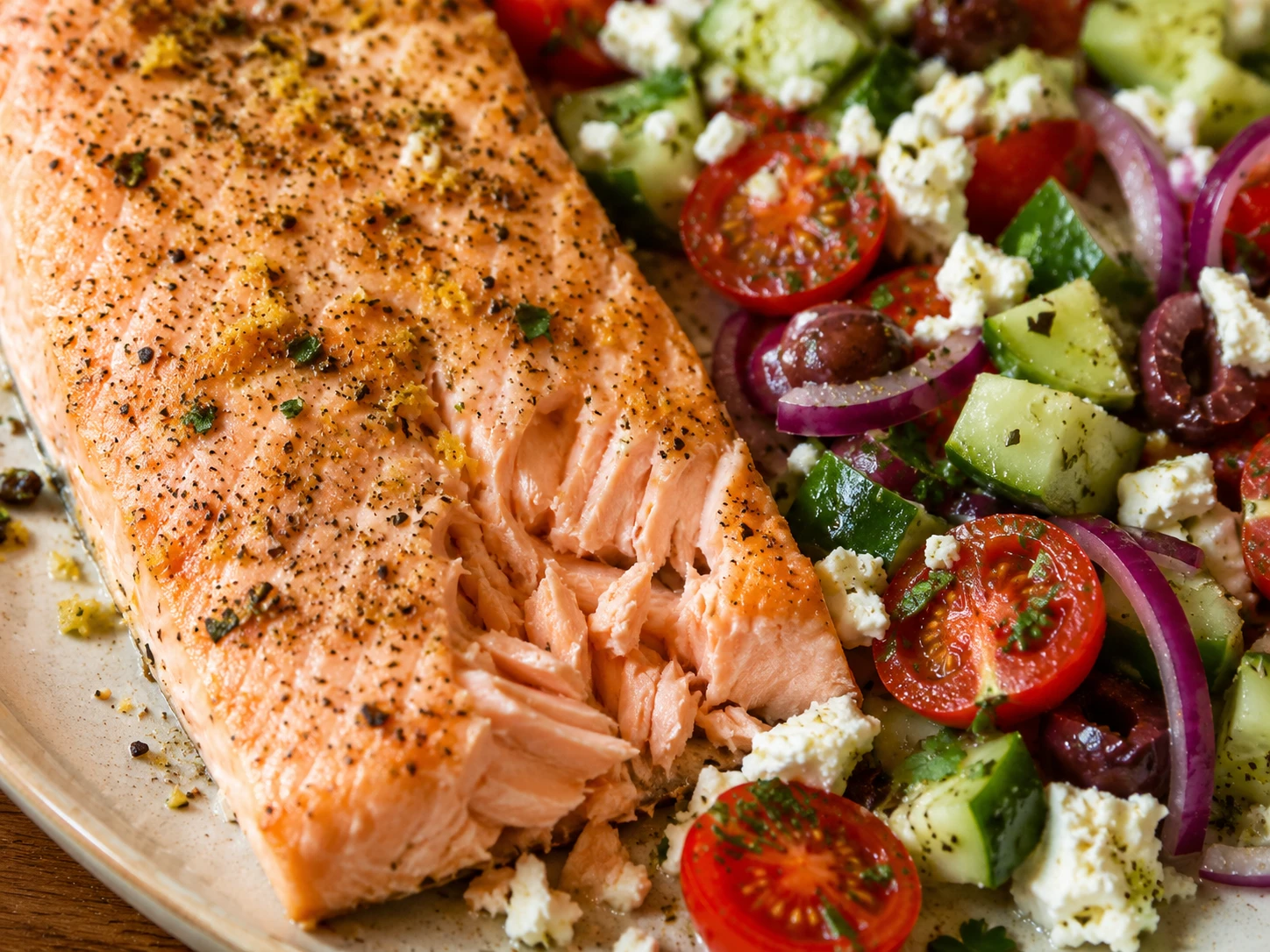 Mediterranean Salmon with Cucumber Tomato Salad close up