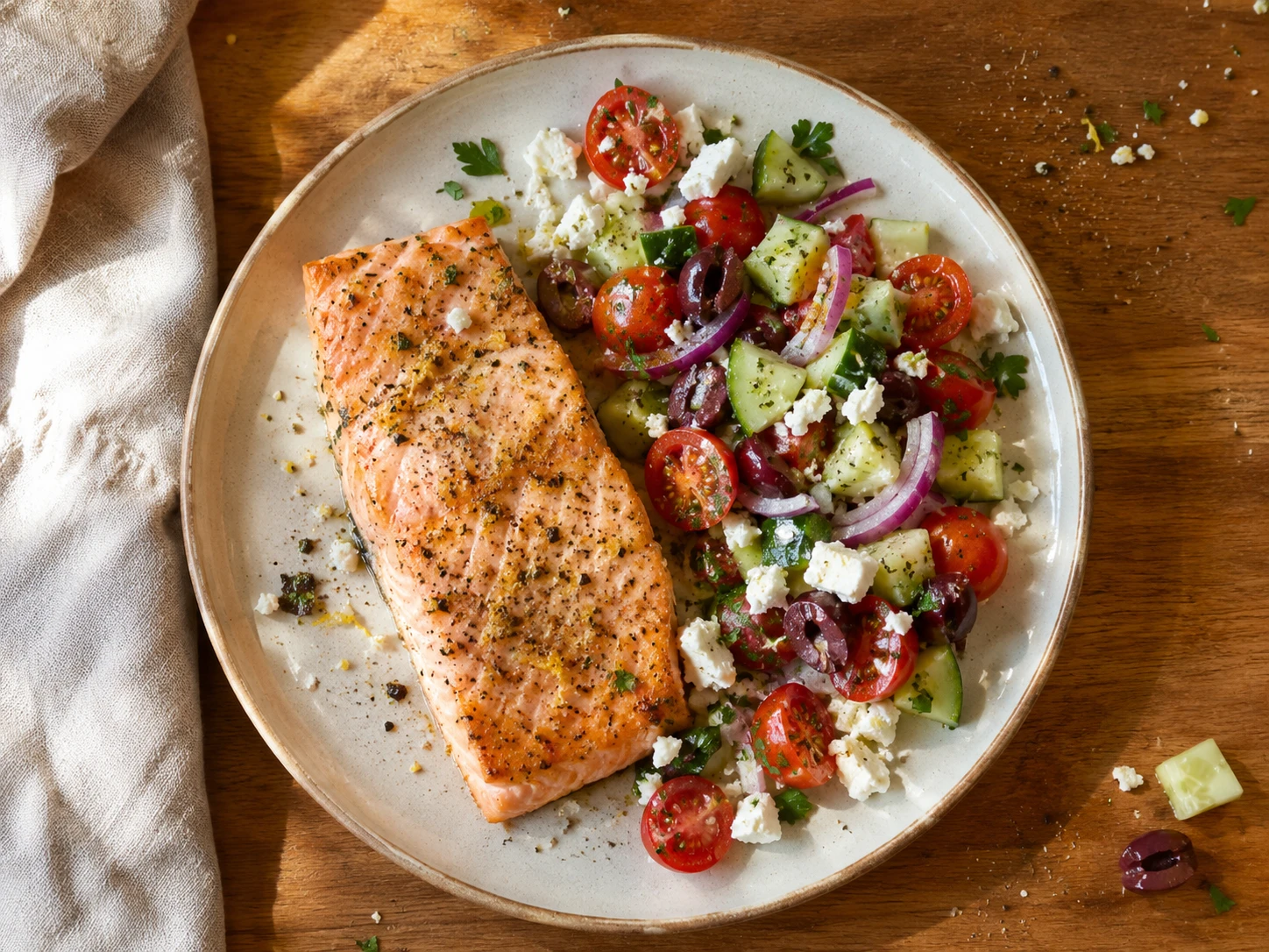 Mediterranean Salmon with Cucumber Tomato Salad