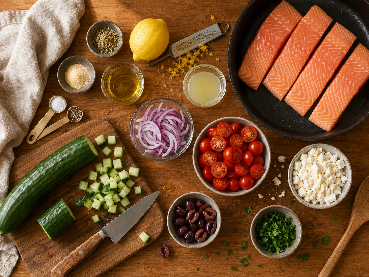 Mediterranean Salmon with Cucumber Tomato Salad preparation