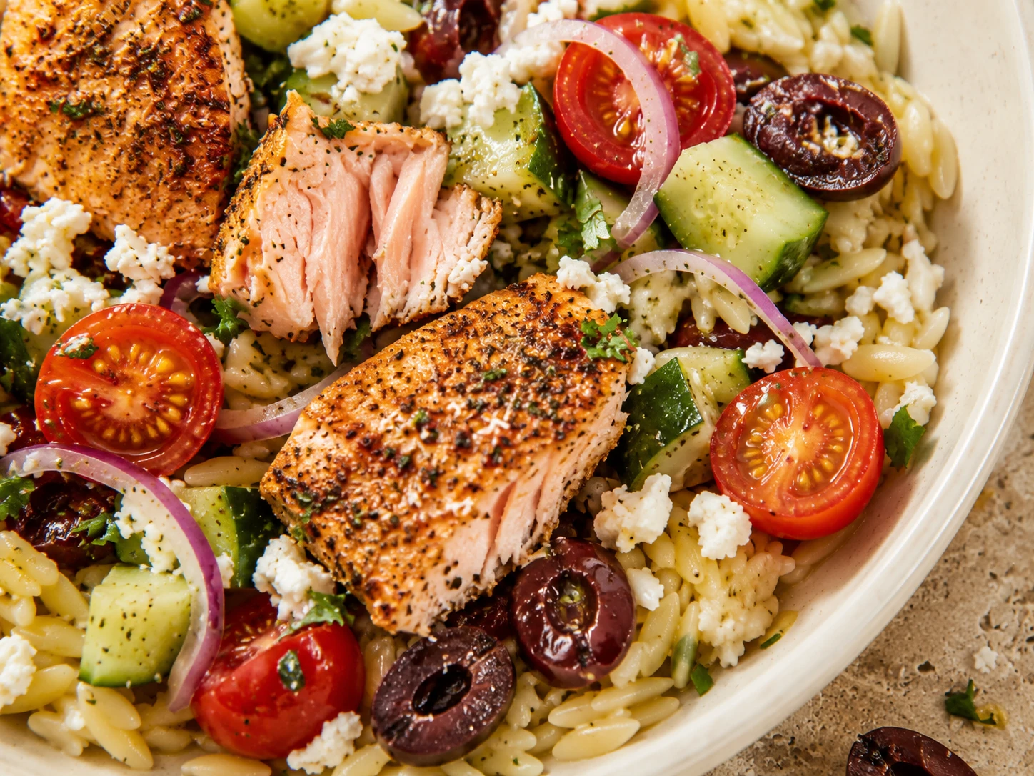 Mediterranean Salmon Orzo Bowl close up