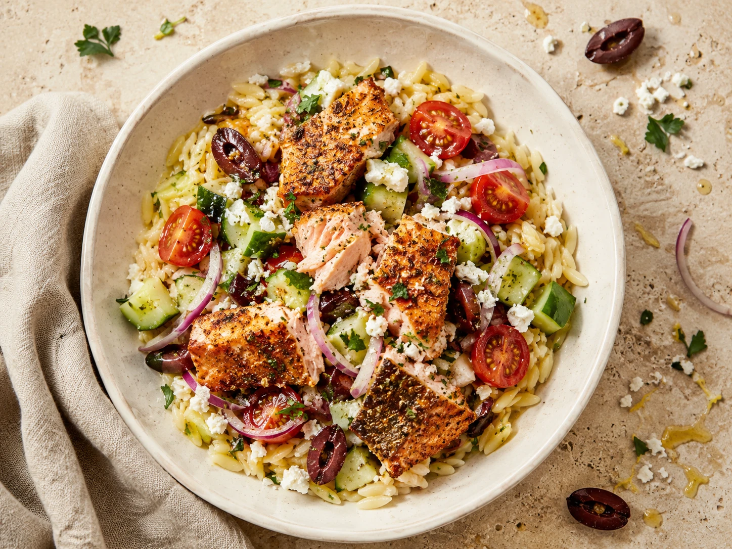 Mediterranean Salmon Orzo Bowl