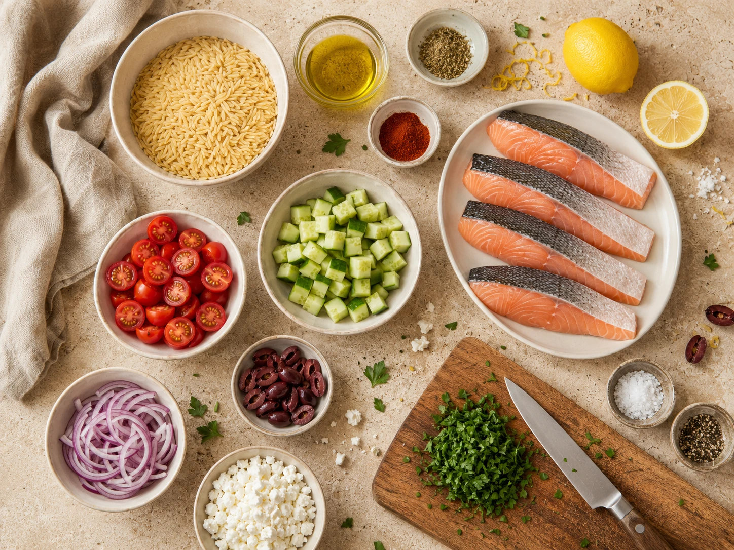 Mediterranean Salmon Orzo Bowl preparation