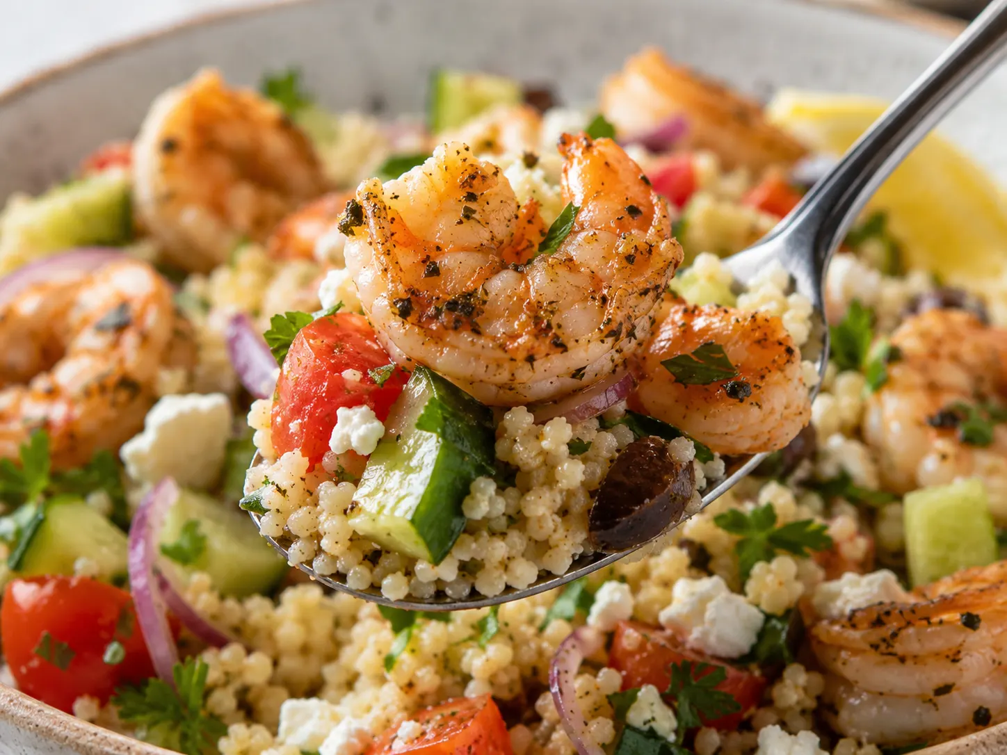 Mediterranean Shrimp Couscous Bowls close up