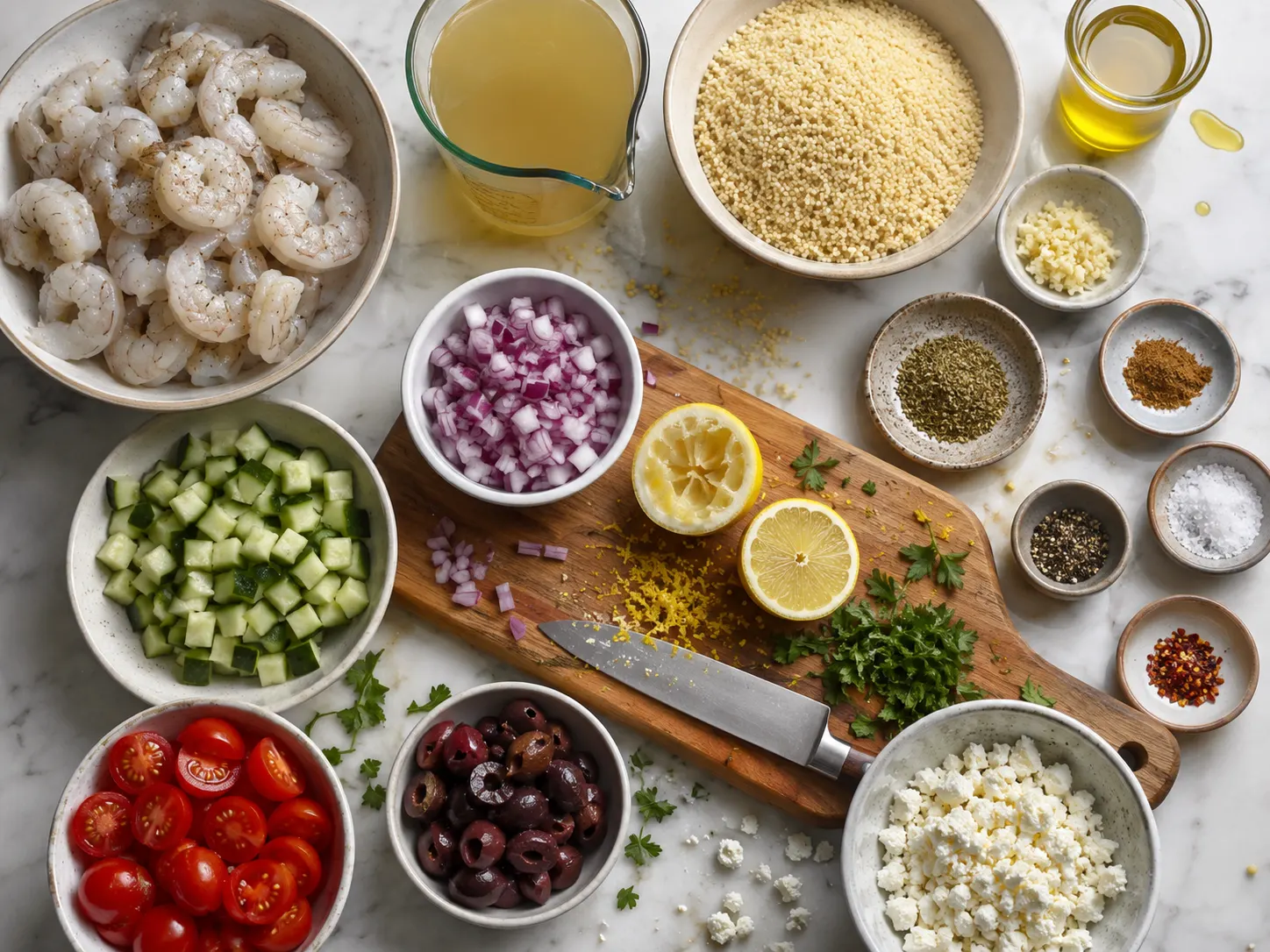 Mediterranean Shrimp Couscous Bowls preparation