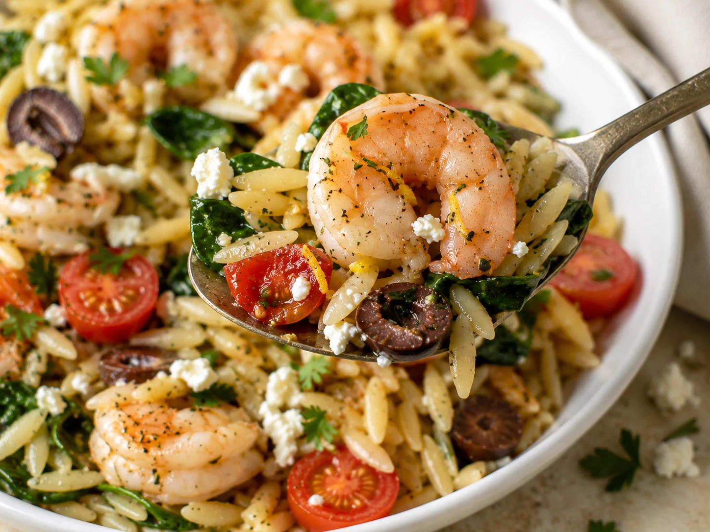 Mediterranean Shrimp Orzo close up
