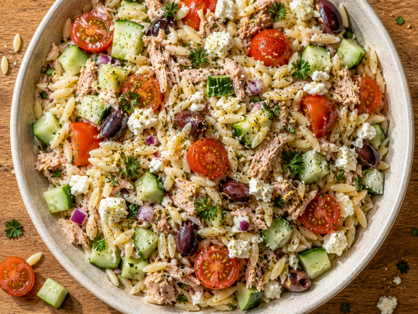 Mediterranean Tuna Orzo Bowl aerial view