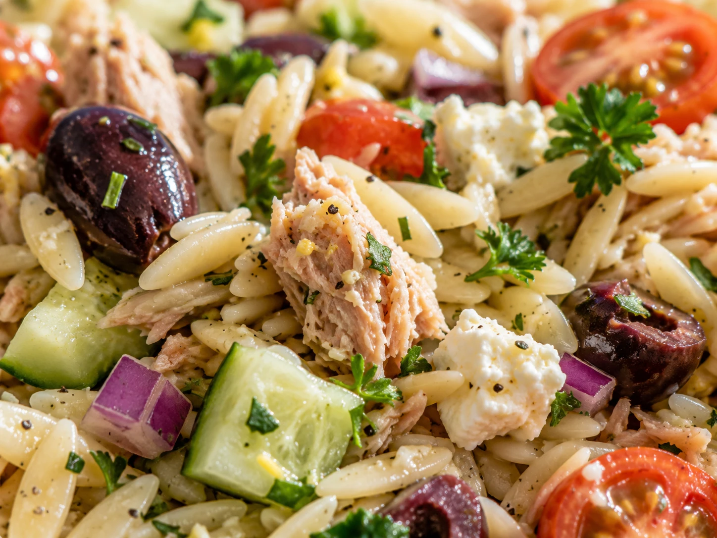 Mediterranean Tuna Orzo Bowl close up