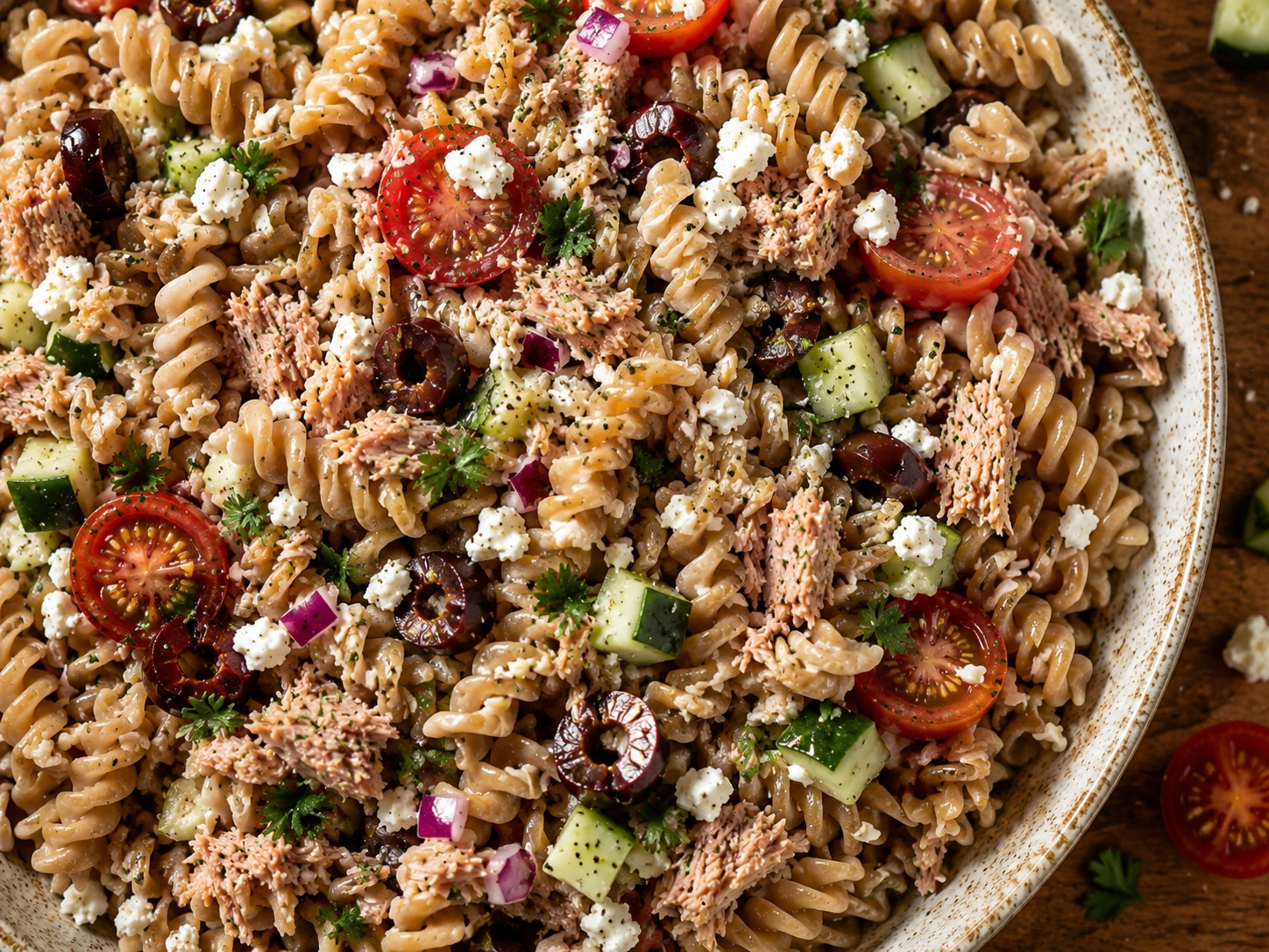 Mediterranean Tuna Pasta Salad aerial view