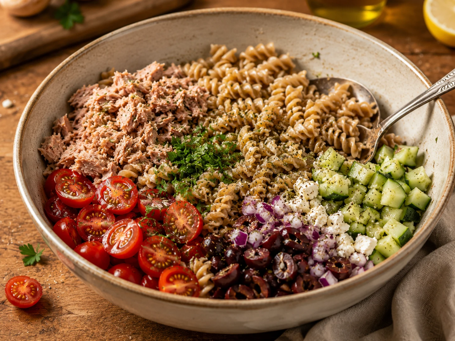 Mediterranean Tuna Pasta Salad preparation