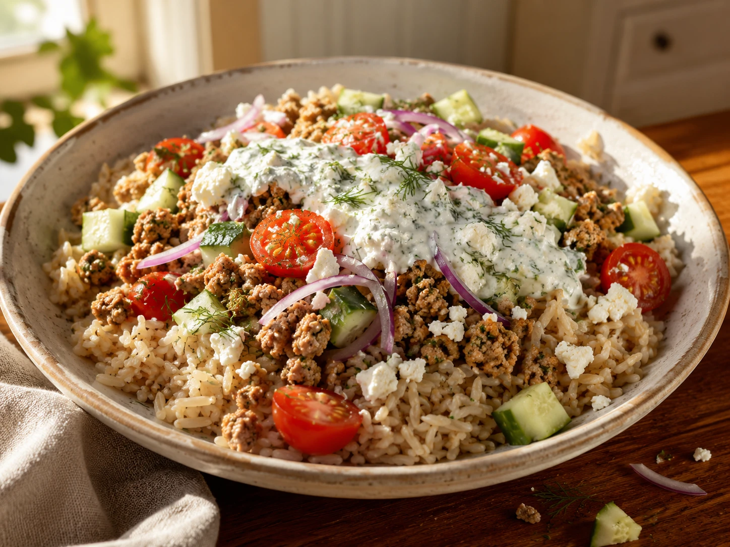Mediterranean Turkey Rice Bowls close up