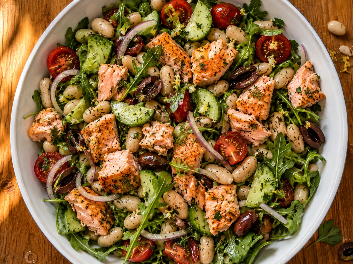 Mediterranean White Bean and Salmon Salad aerial view