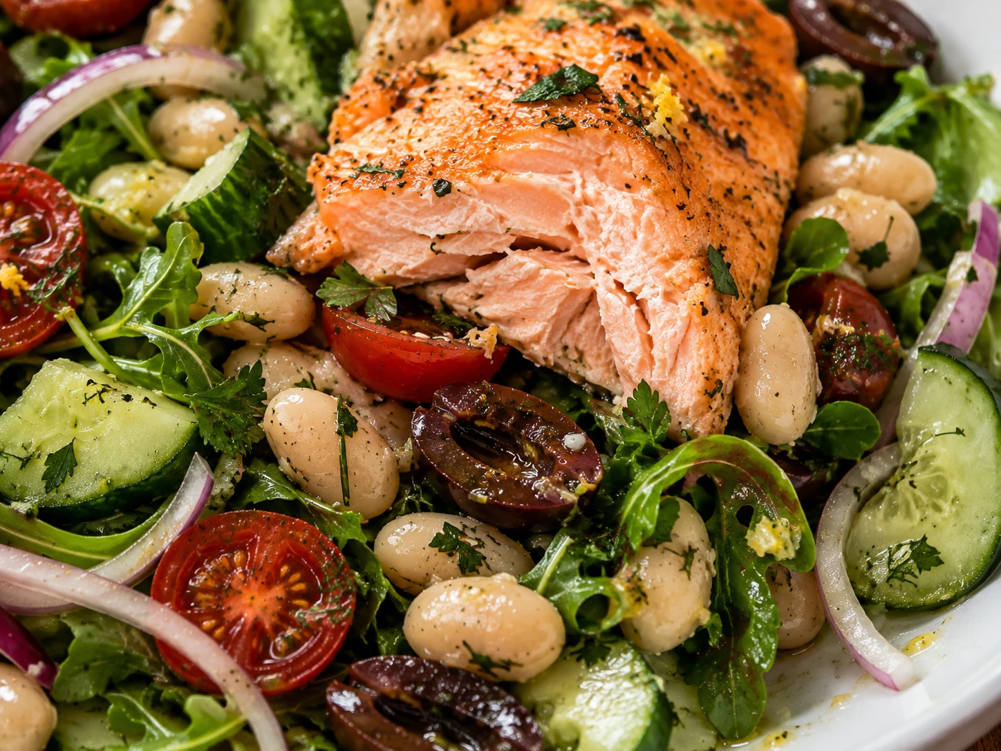 Mediterranean White Bean and Salmon Salad close up