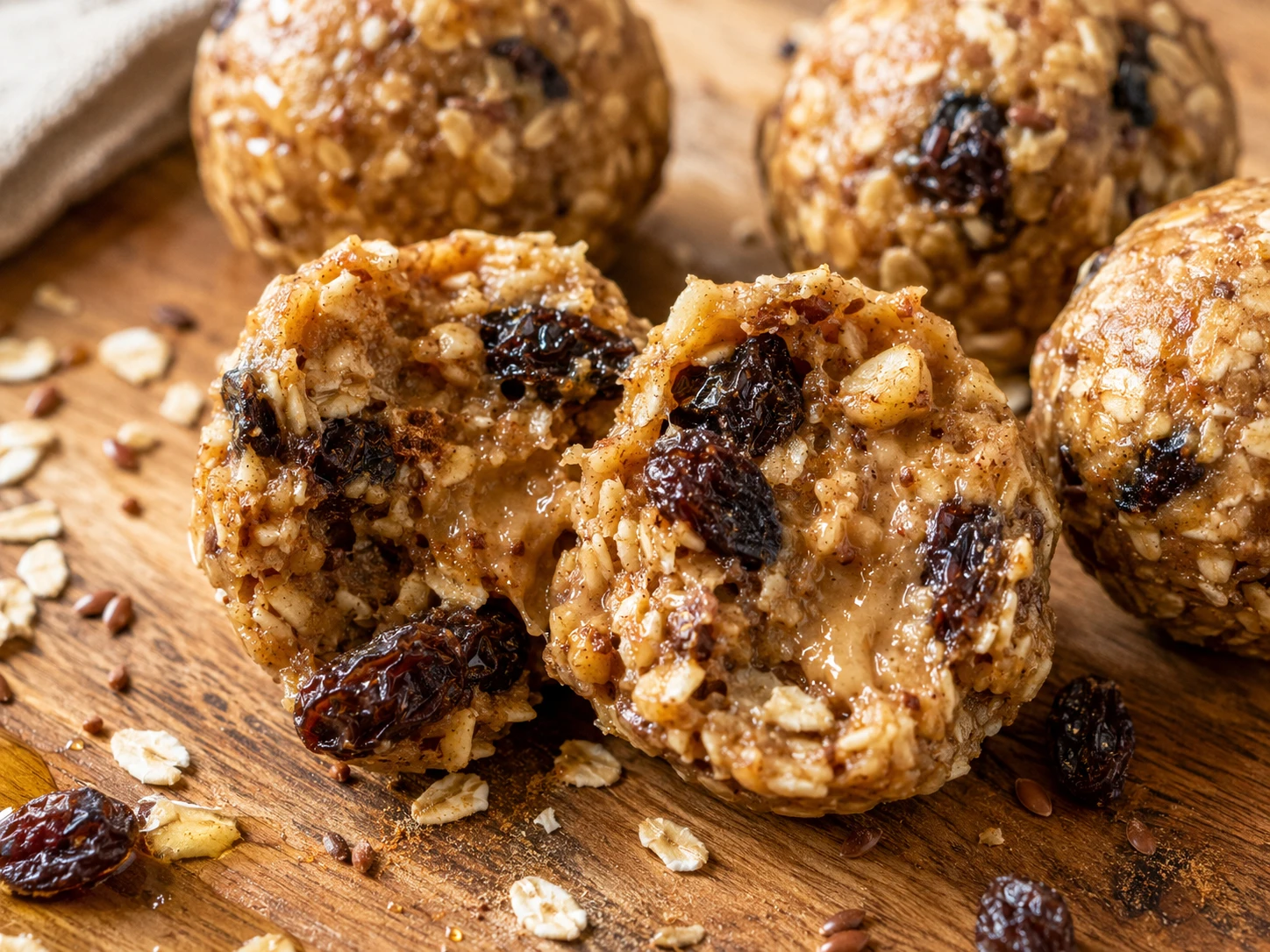 No Bake Oatmeal Raisin Energy Balls close up