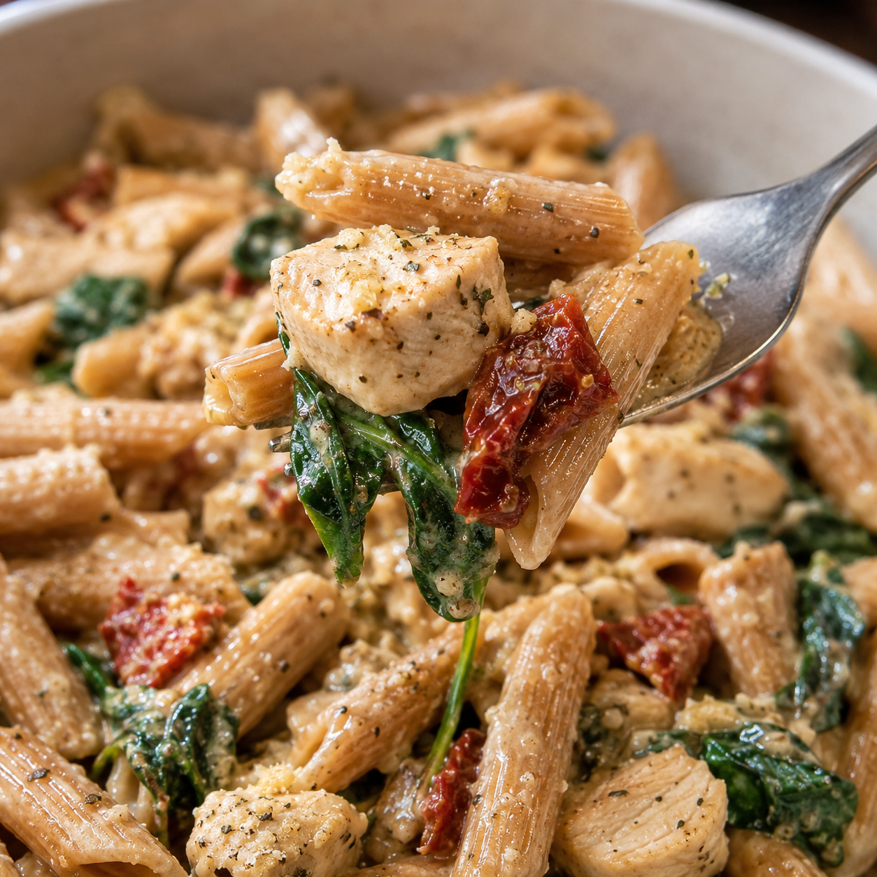 One Pot Tuscan Chicken Pasta close up