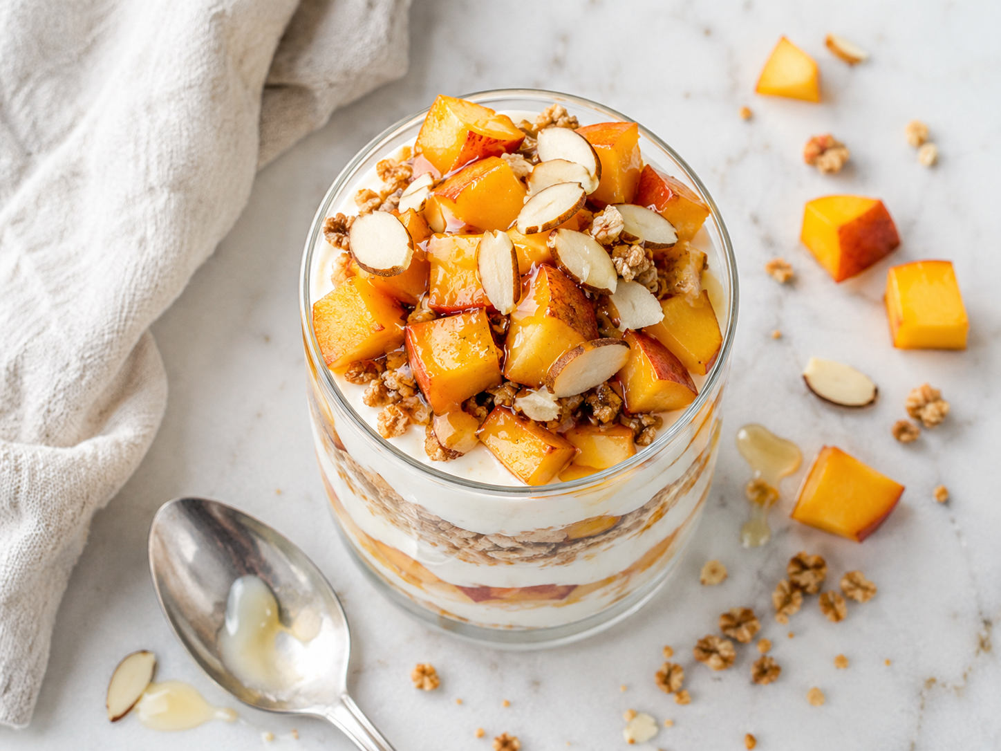 Peach Almond Protein Yogurt Parfait close up