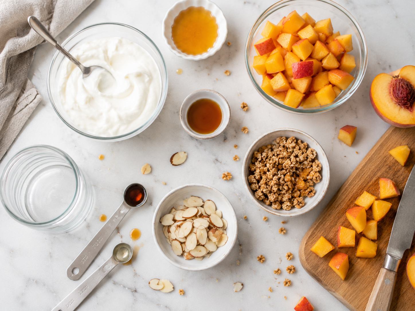 Peach Almond Protein Yogurt Parfait preparation