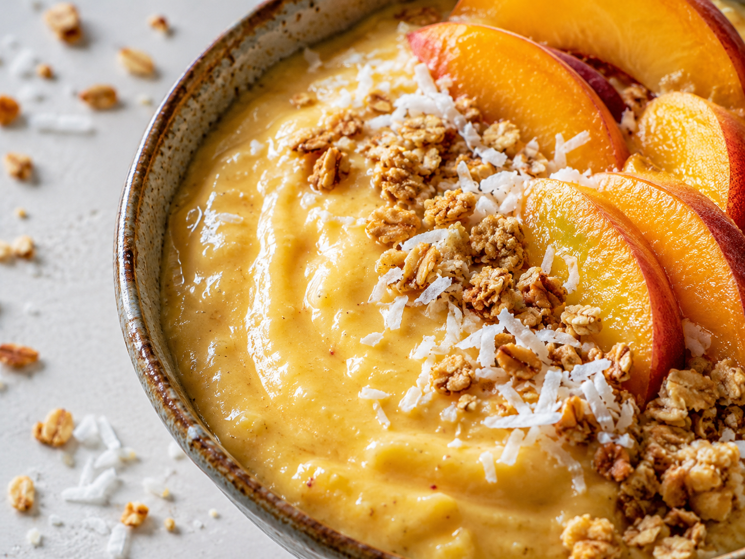 Peach Mango Greek Yogurt Smoothie Bowl close up