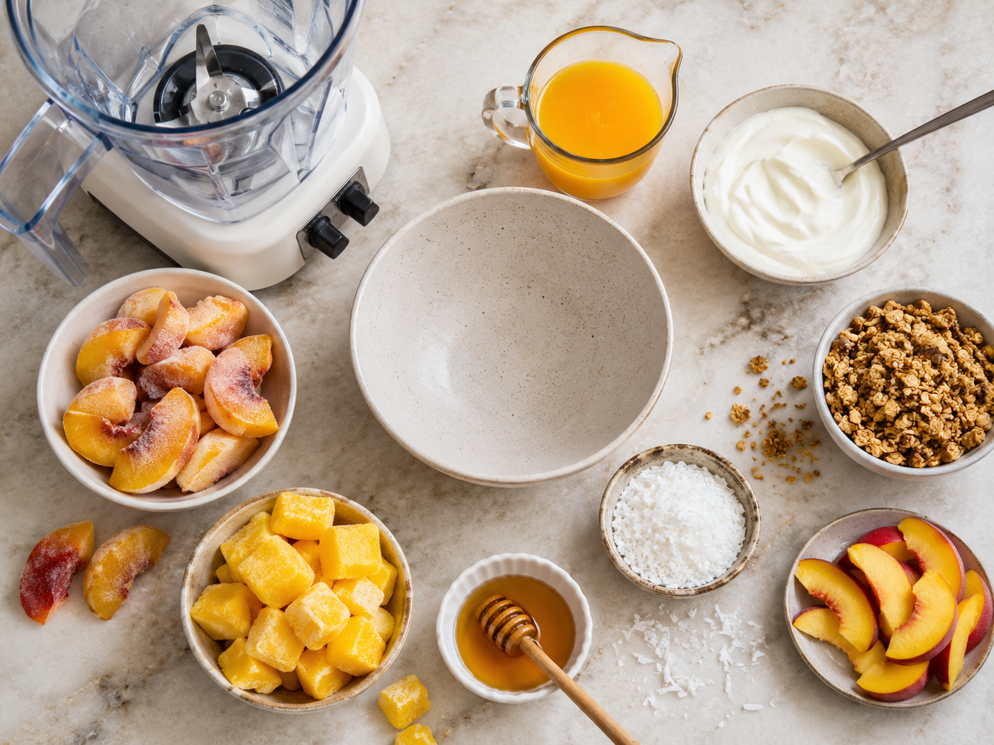 Peach Mango Greek Yogurt Smoothie Bowl preparation