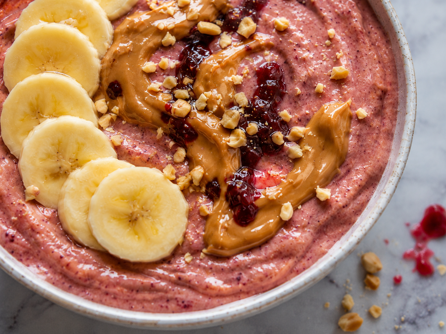 Peanut Butter Jelly Smoothie Bowl close up