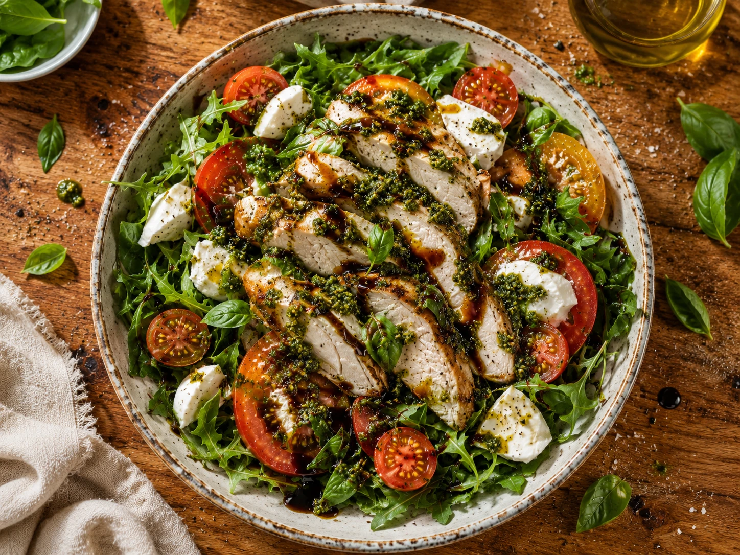 Pesto Chicken Caprese Salad aerial view